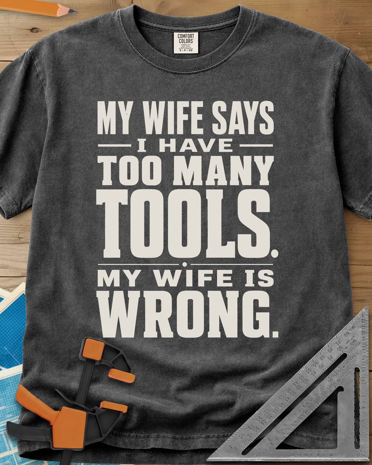 Too Many Tools heavyweight tee in Pepper, stacked slab-serif capitals with thin dividing rules