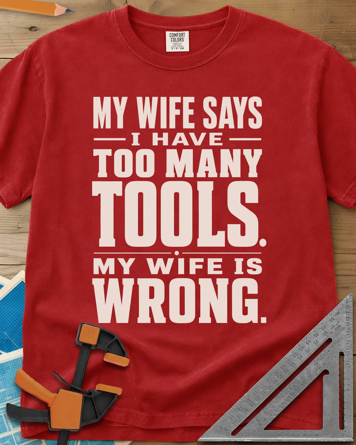 Too Many Tools heavyweight tee in Red, stacked slab-serif capitals with thin dividing rules