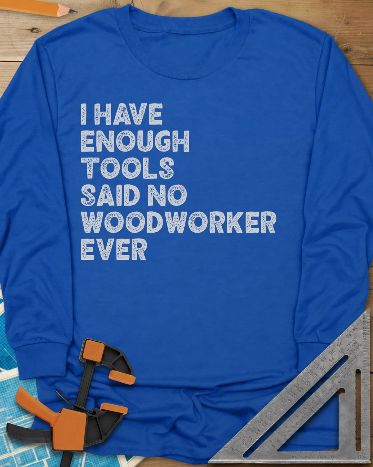 Tool Addiction long sleeve shirt in Royal, stacked chunky distressed lettering, text only
