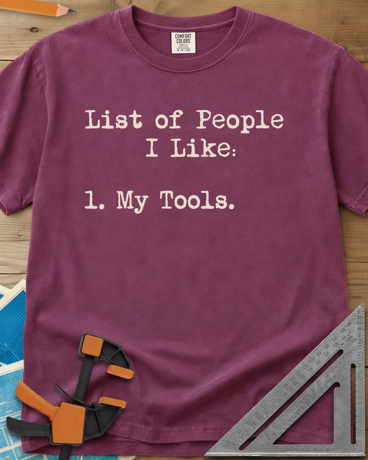 Tool List heavyweight tee in Berry, typewriter-style list with one entry, My Tools