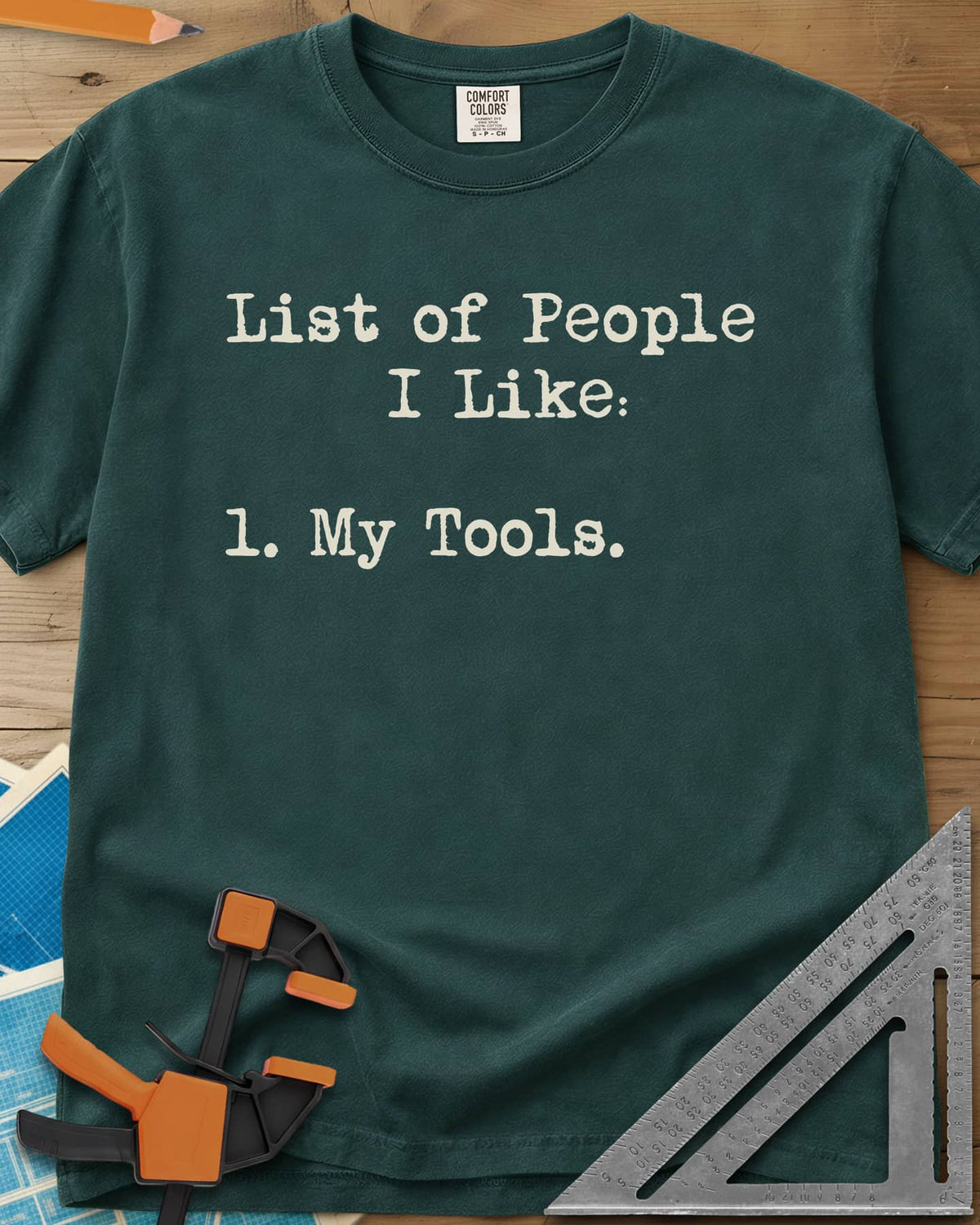 Tool List heavyweight tee in Blue Spruce, typewriter-style list with one entry, My Tools