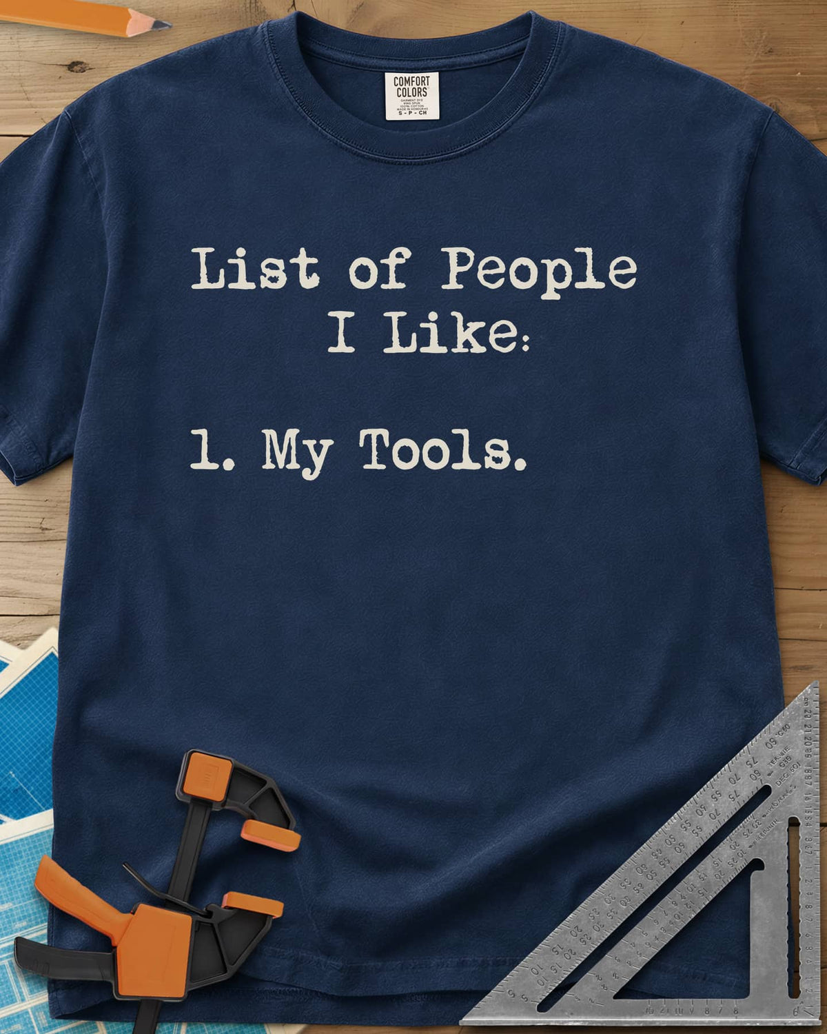 Tool List heavyweight tee in Navy, typewriter-style list with one entry, My Tools