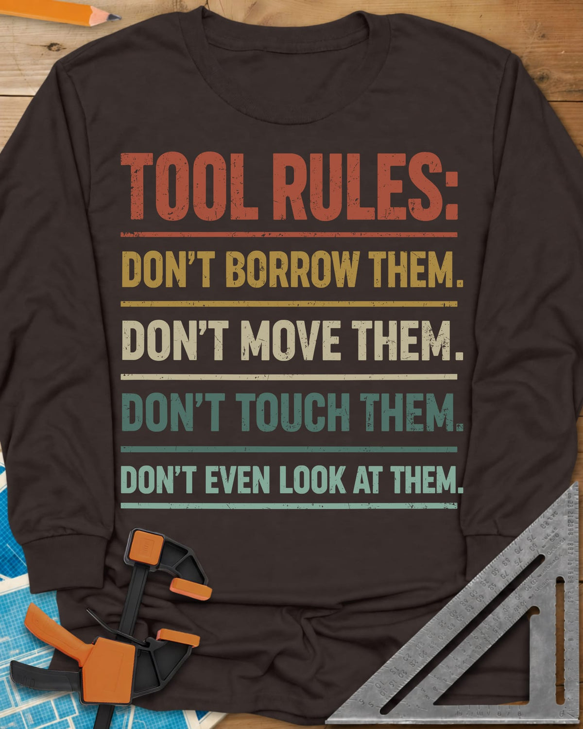 Tool Rules long sleeve shirt in Dark Chocolate, stacked rule lines in rust, mustard, cream and teal with thin dividers