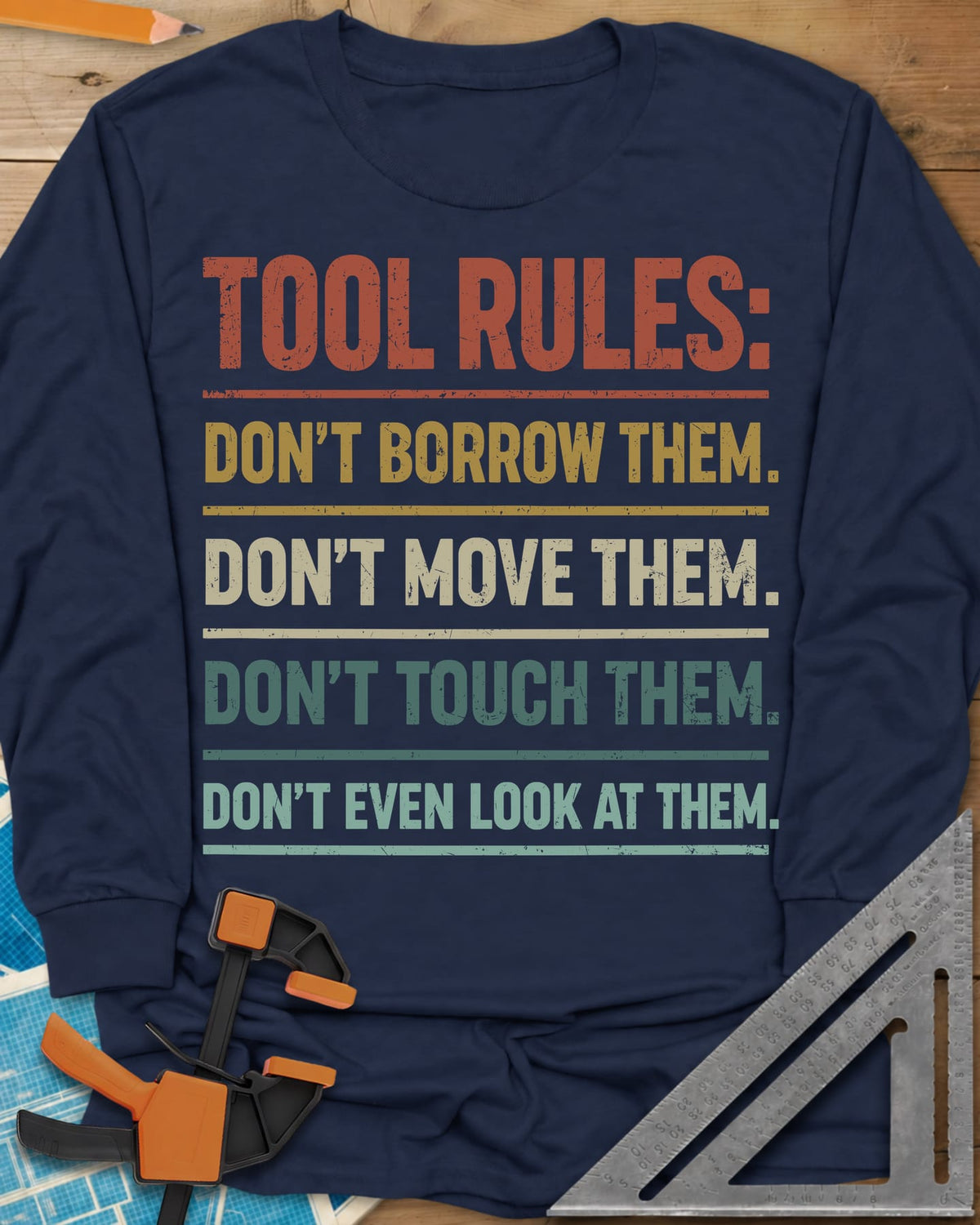 Tool Rules long sleeve shirt in Navy, stacked rule lines in rust, mustard, cream and teal with thin dividers