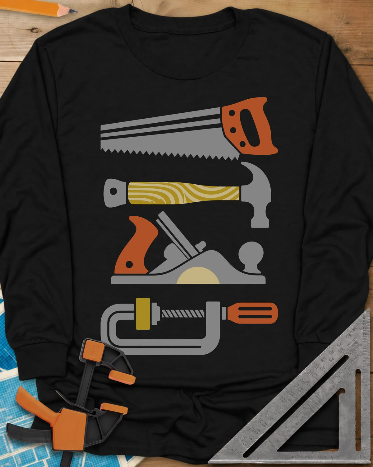 Tools Of The Trade long sleeve shirt in Black, stacked retro flat-color saw, hammer, hand plane and C-clamp