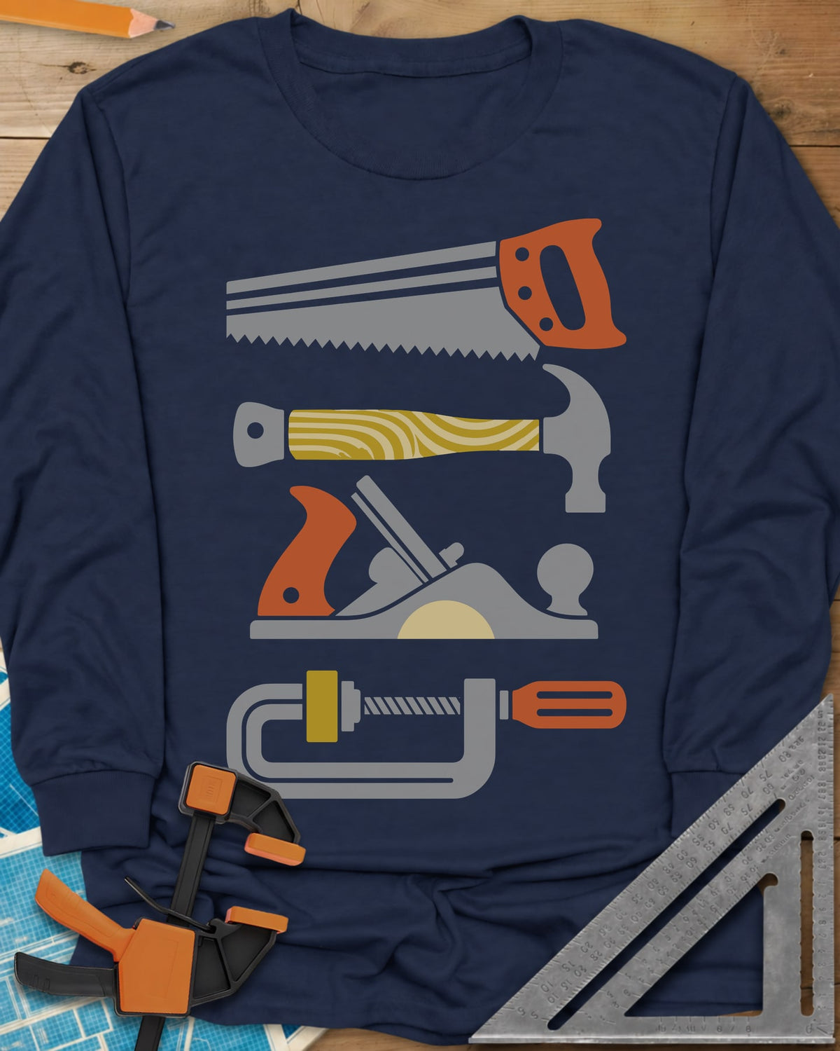 Tools Of The Trade long sleeve shirt in Navy, stacked retro flat-color saw, hammer, hand plane and C-clamp