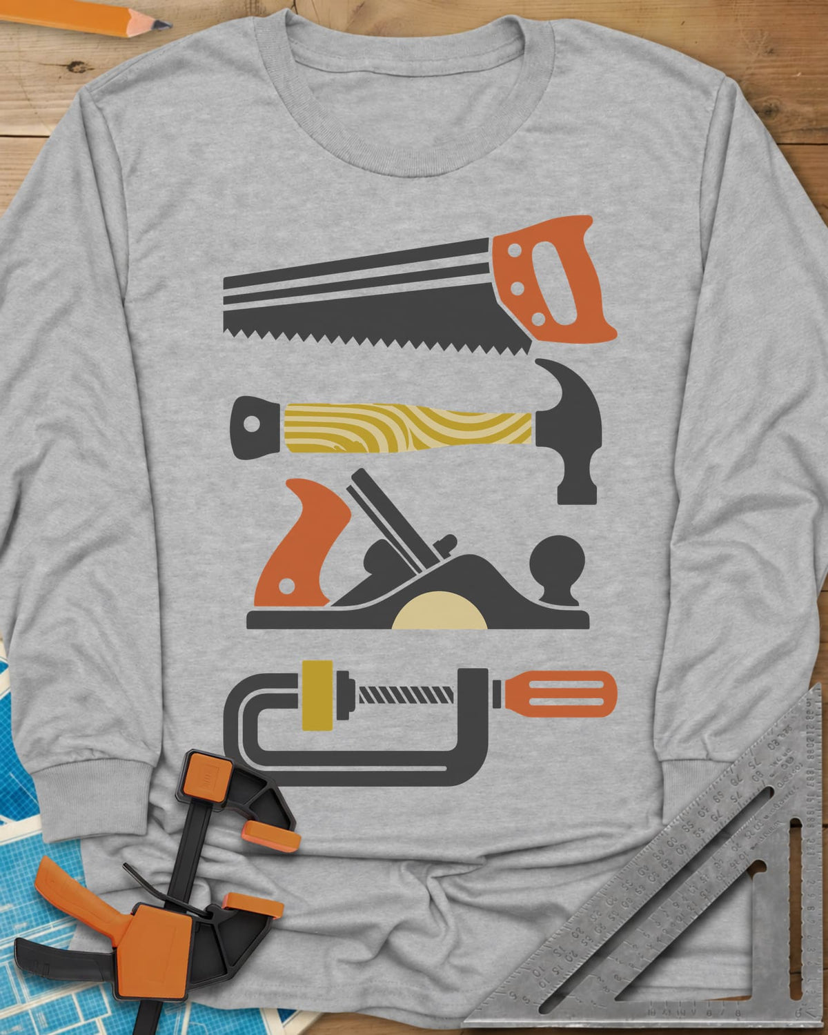 Tools Of The Trade long sleeve shirt in Sport Grey, stacked retro flat-color saw, hammer, hand plane and C-clamp