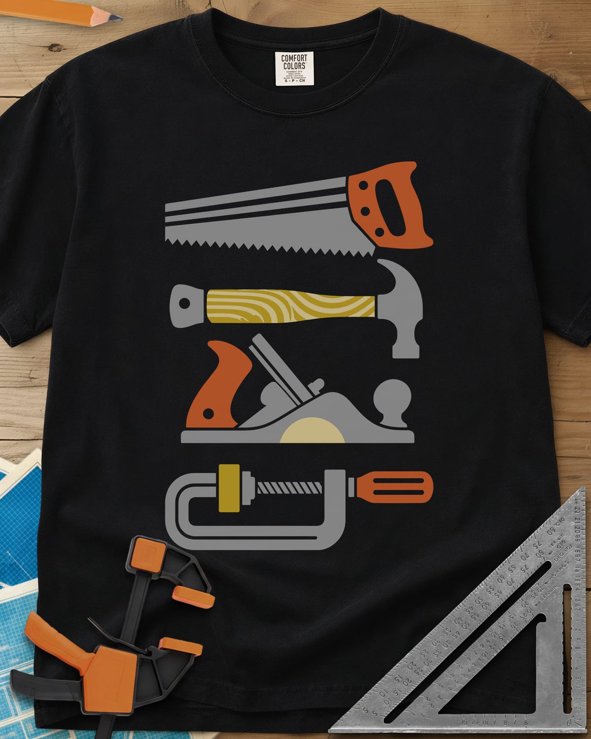 Tools Of The Trade heavyweight tee in Black, stacked retro flat-color saw, hammer, hand plane and C-clamp
