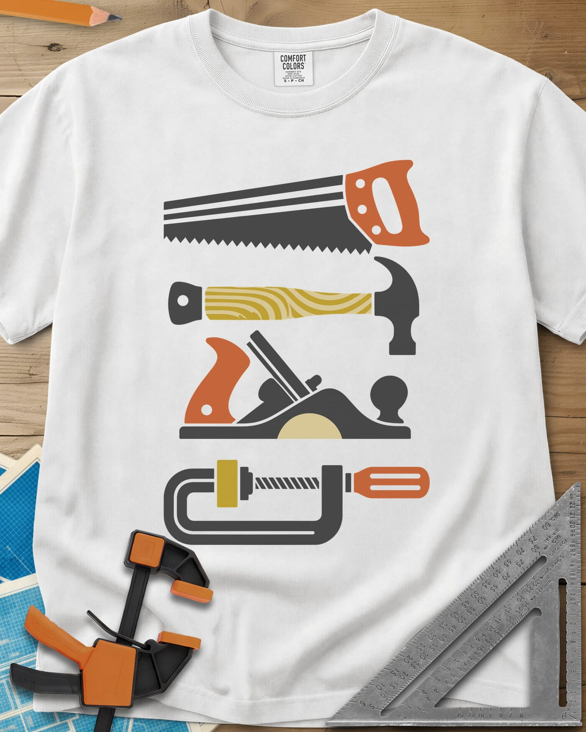 Tools Of The Trade heavyweight tee in White, stacked retro flat-color saw, hammer, hand plane and C-clamp