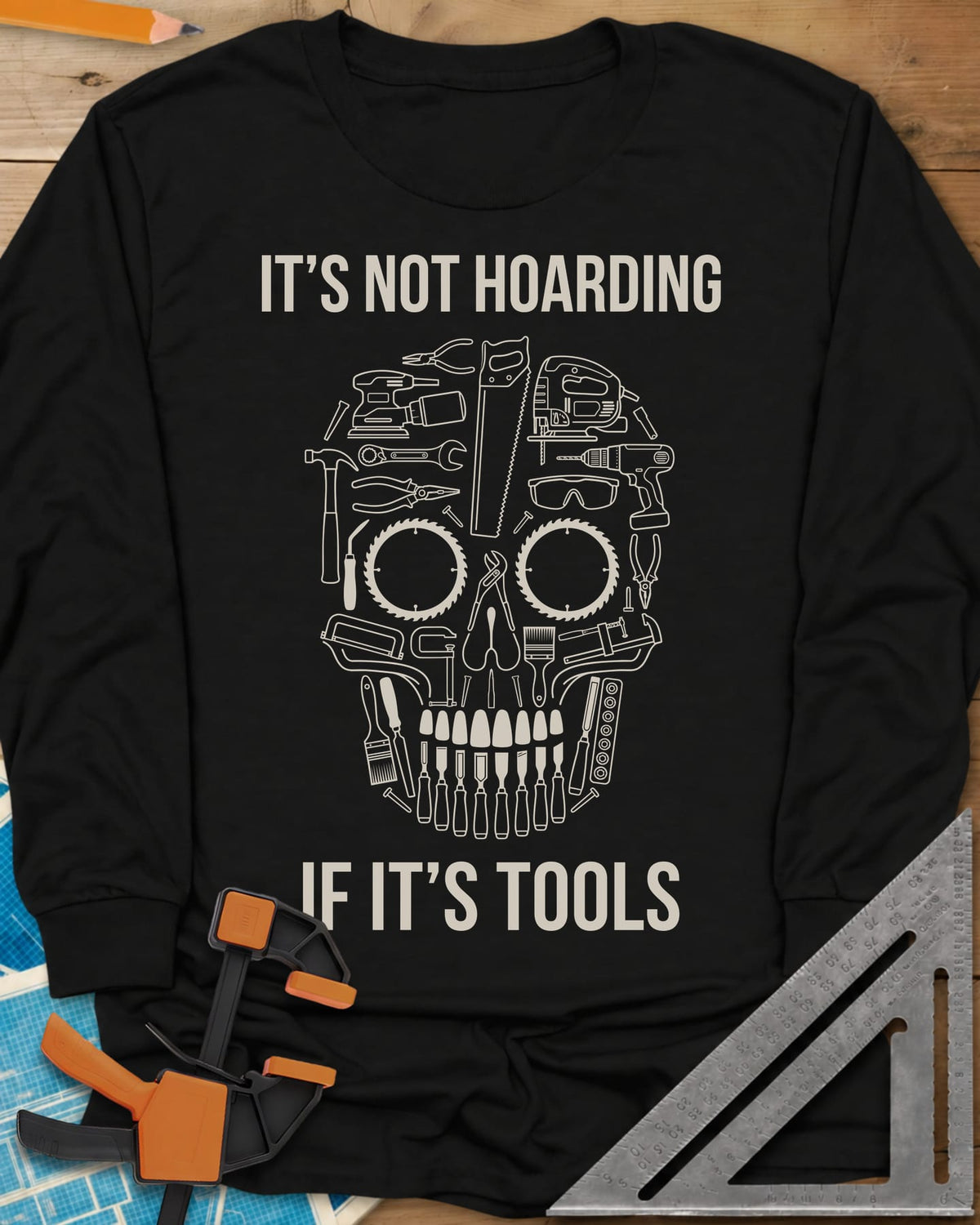 Tools Skull long sleeve shirt in Black, a skull built from outlined tools, saw blades for eyes