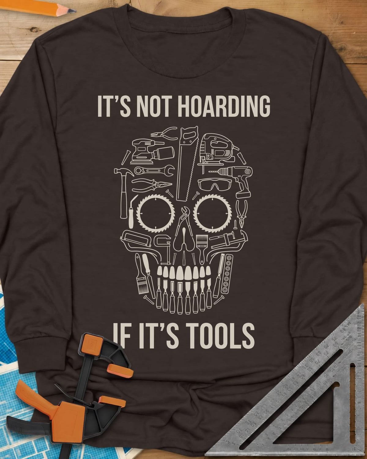 Tools Skull long sleeve shirt in Dark Chocolate, a skull built from outlined tools, saw blades for eyes