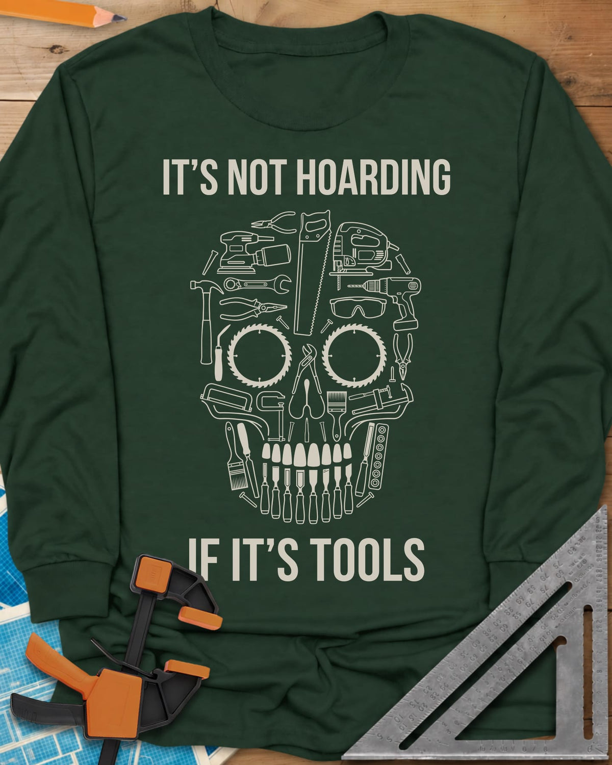 Tools Skull long sleeve shirt in Forest Green, a skull built from outlined tools, saw blades for eyes