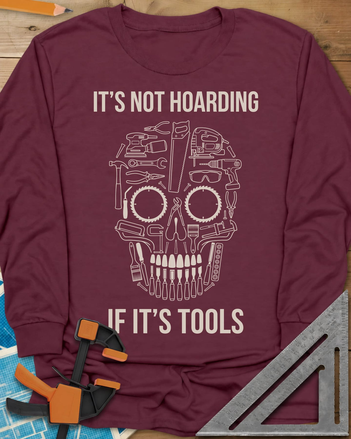 Tools Skull long sleeve shirt in Maroon, a skull built from outlined tools, saw blades for eyes