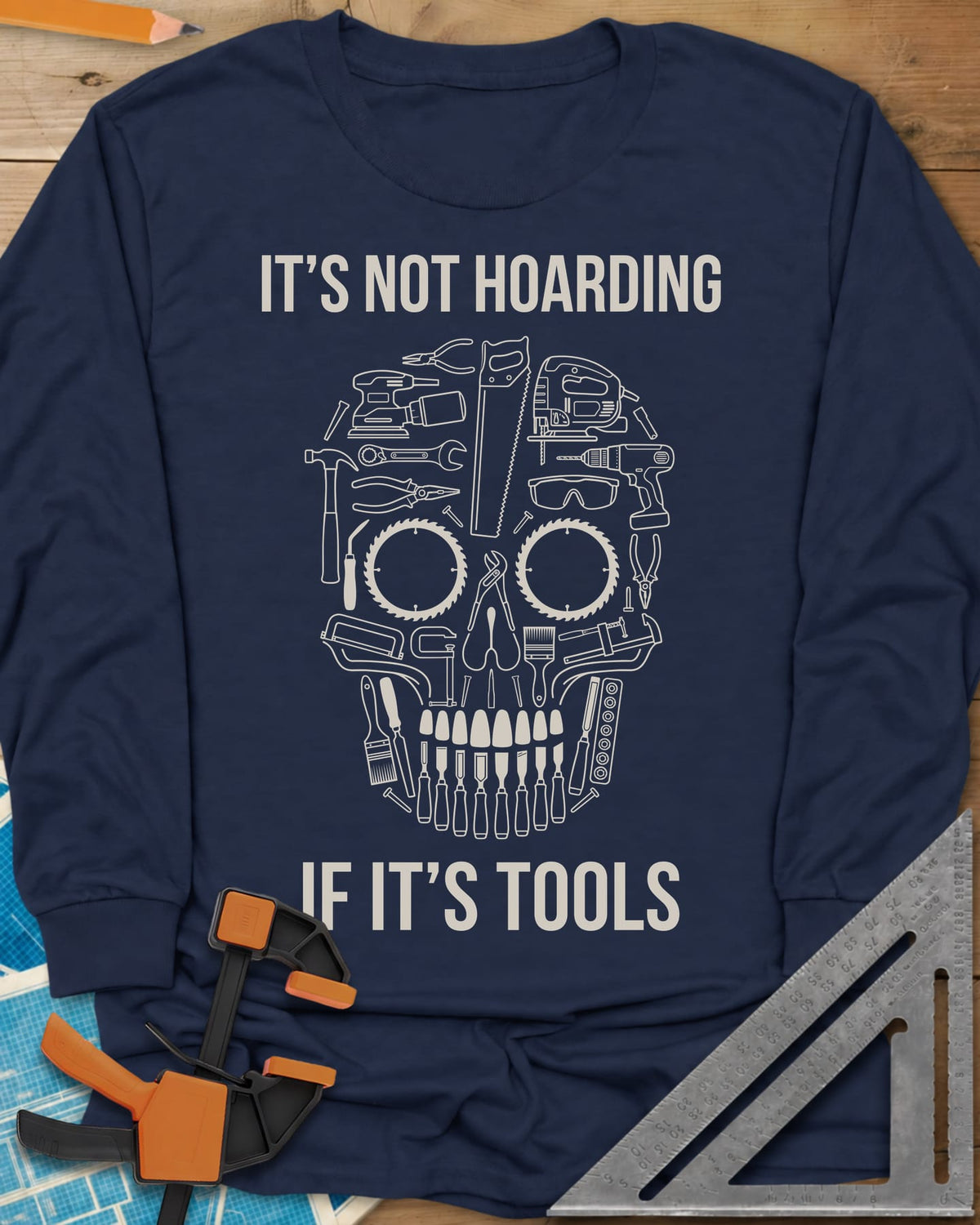 Tools Skull long sleeve shirt in Navy, a skull built from outlined tools, saw blades for eyes