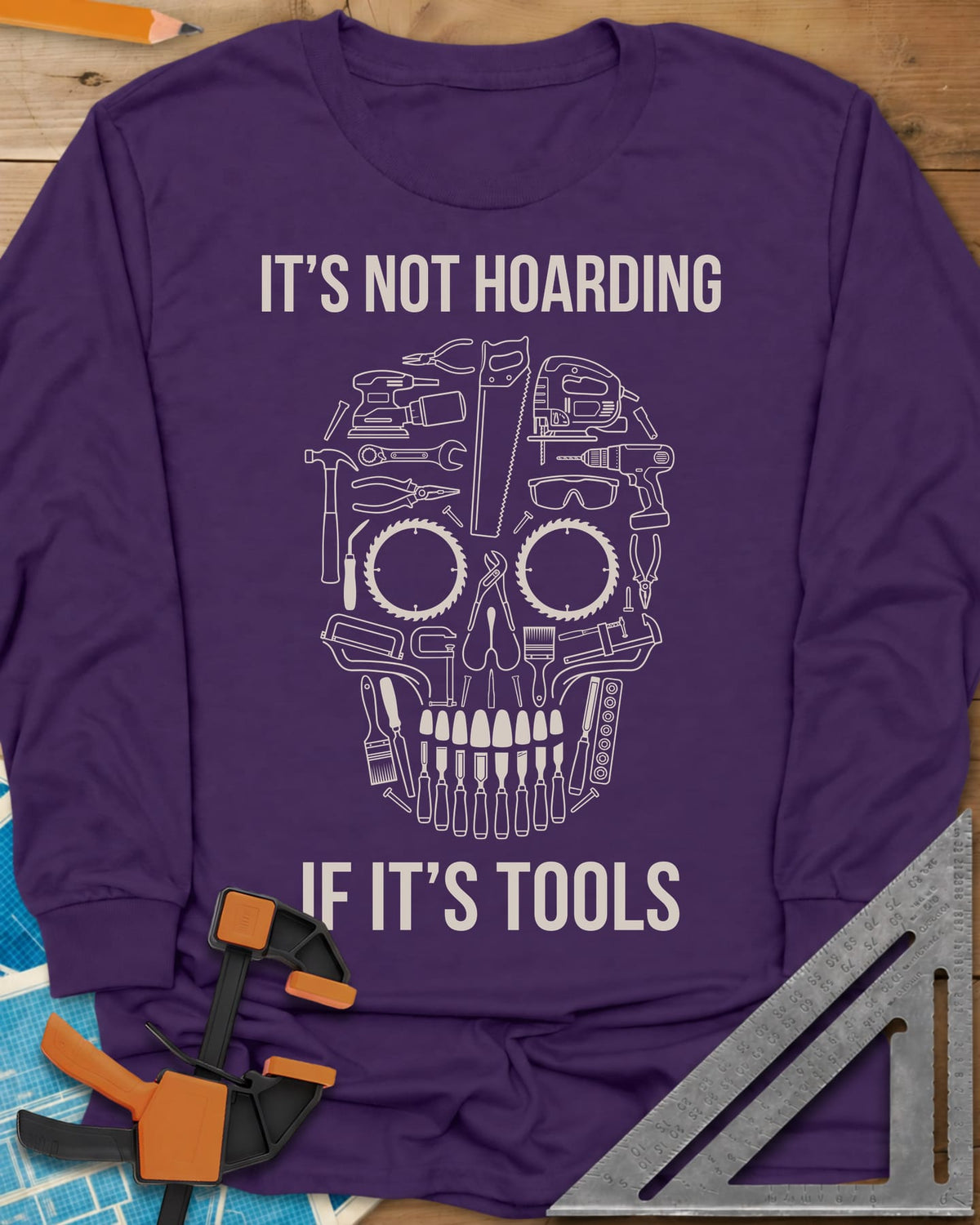 Tools Skull long sleeve shirt in Purple, a skull built from outlined tools, saw blades for eyes