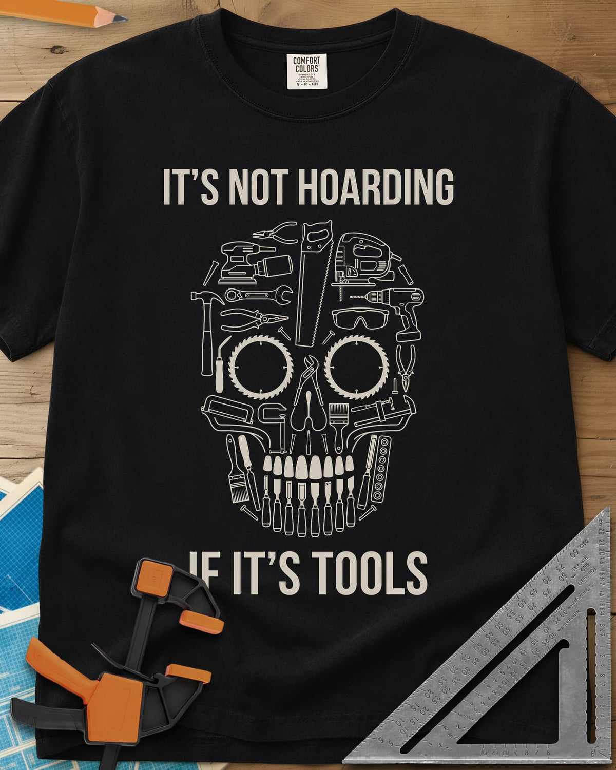 Tools Skull heavyweight tee in Black, a skull built from outlined tools, saw blades for eyes