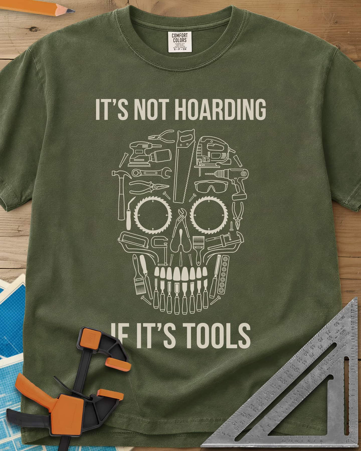 Tools Skull heavyweight tee in Hemp, a skull built from outlined tools, saw blades for eyes