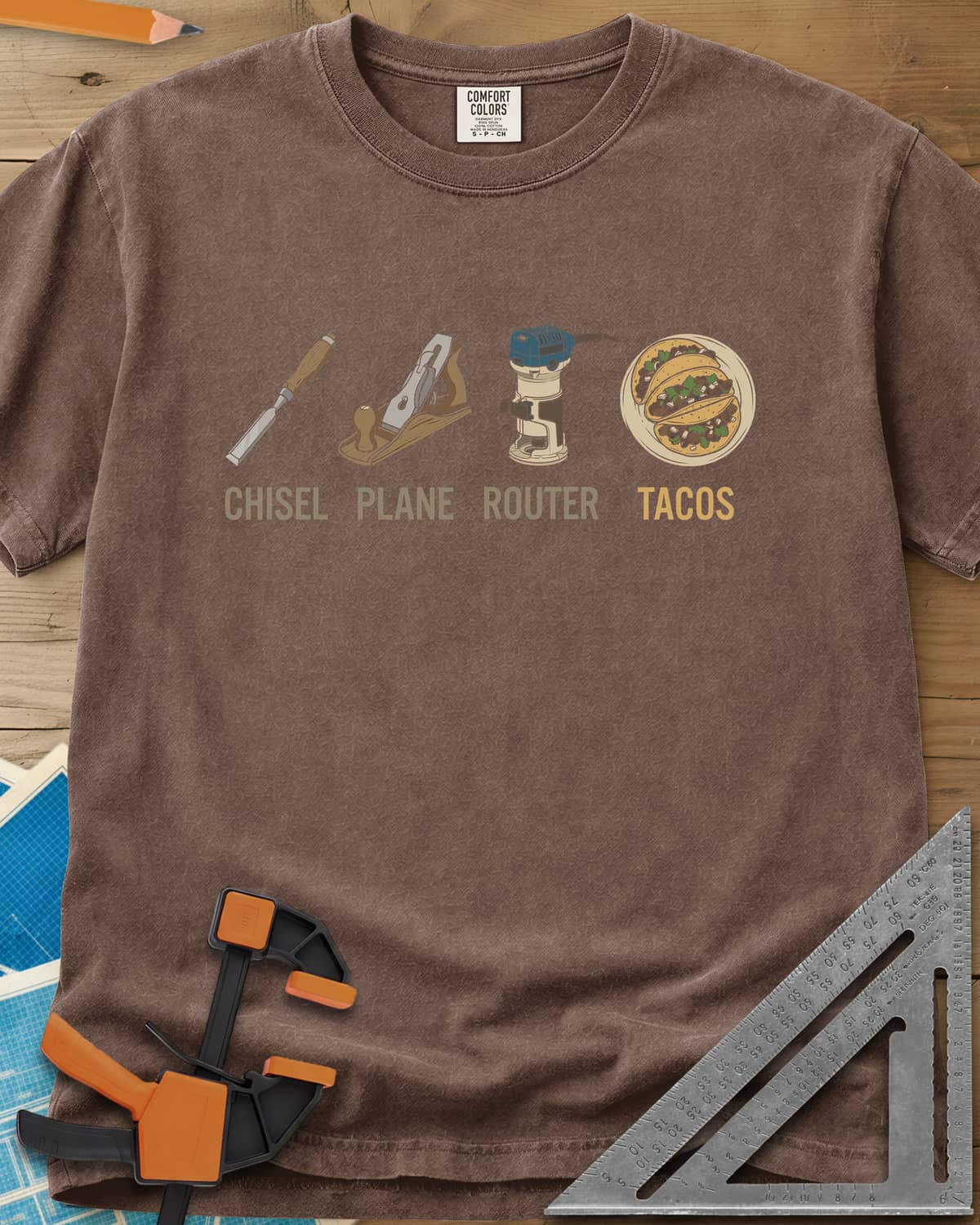 Tools & Tacos heavyweight tee in Espresso, chisel, hand plane, router and a plate of tacos in a row