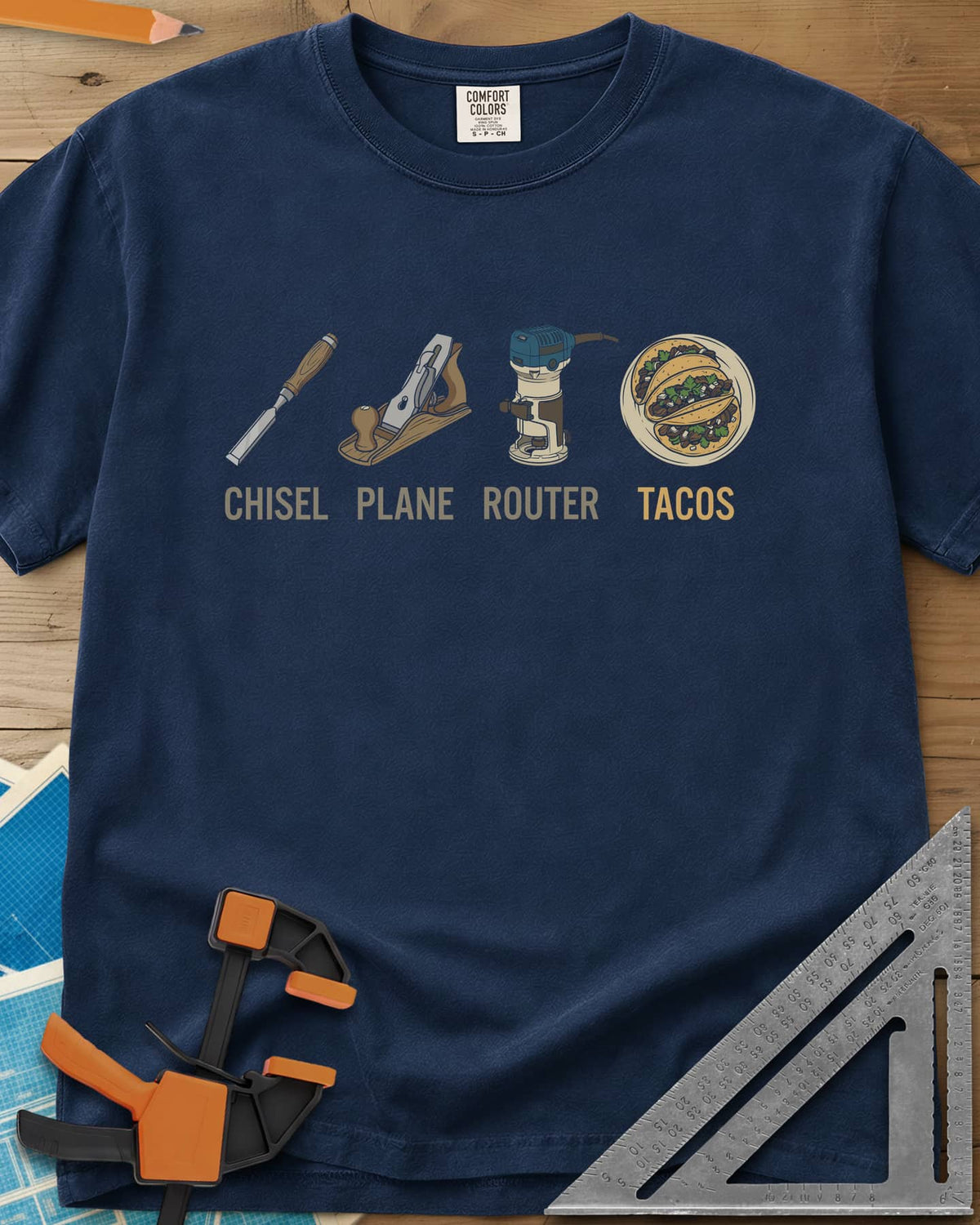 Tools & Tacos heavyweight tee in Navy, chisel, hand plane, router and a plate of tacos in a row