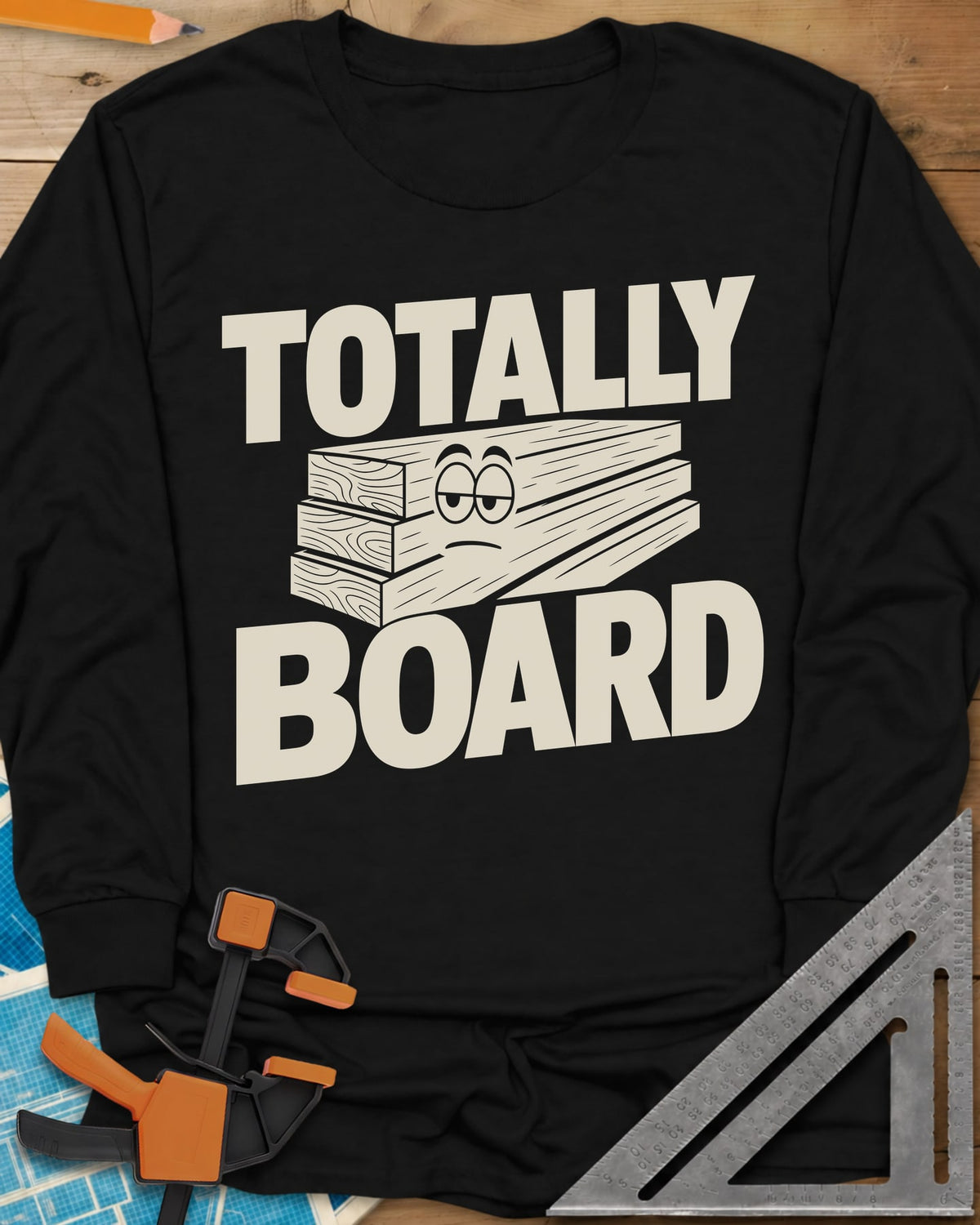 Totally Board long sleeve shirt in Black, a stack of three planks wearing a bored, half-lidded face