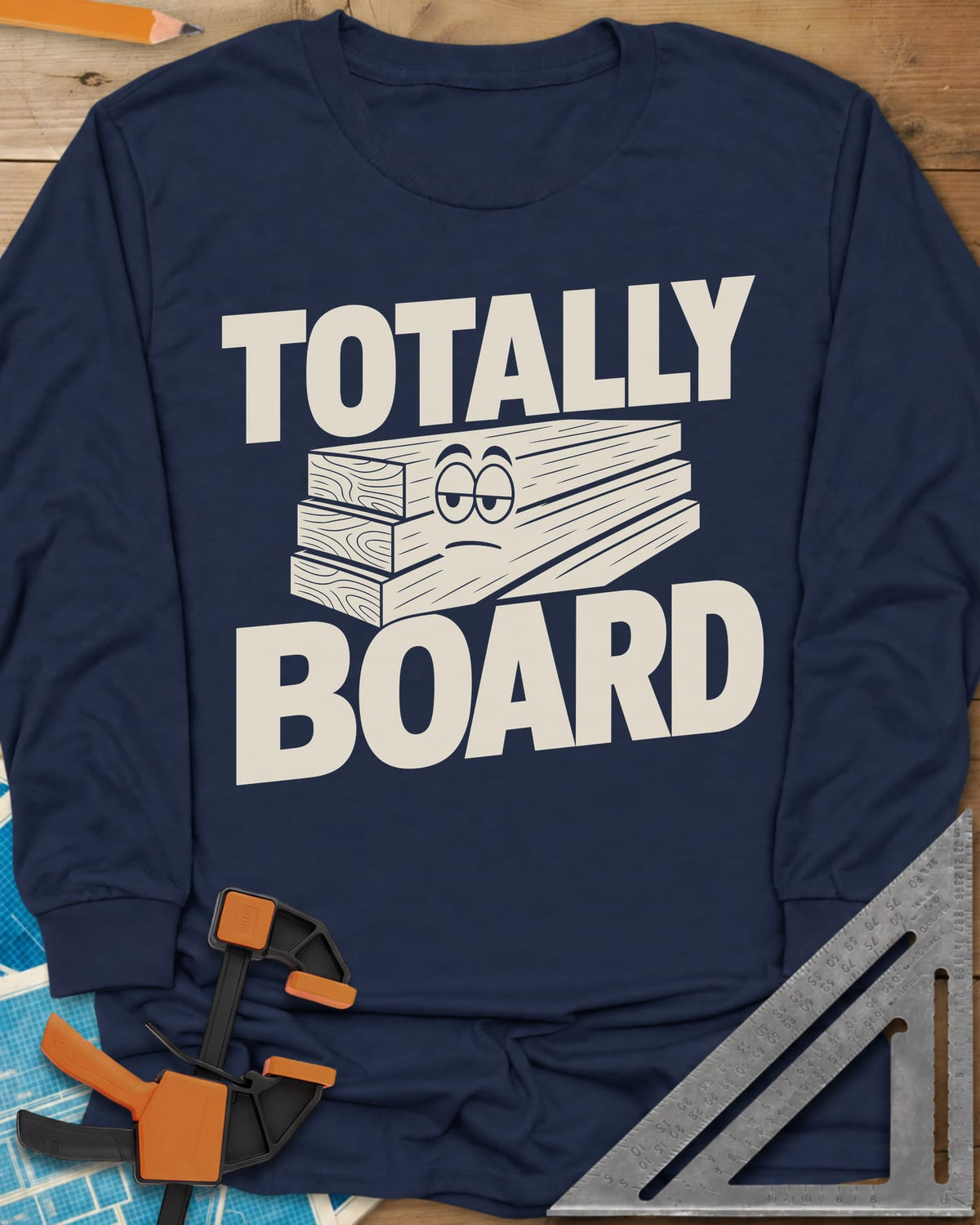 Totally Board long sleeve shirt in Navy, a stack of three planks wearing a bored, half-lidded face
