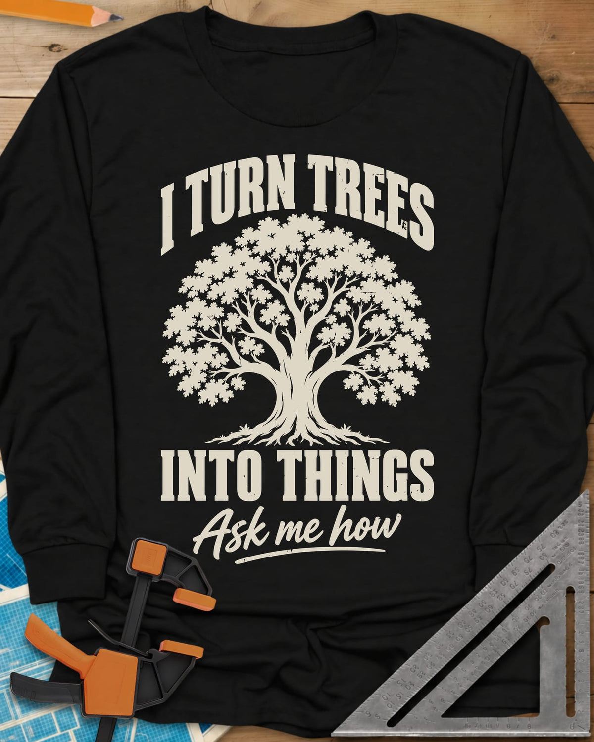 Tree Things long sleeve shirt in Black, a full-canopy tree between the lines of the slogan