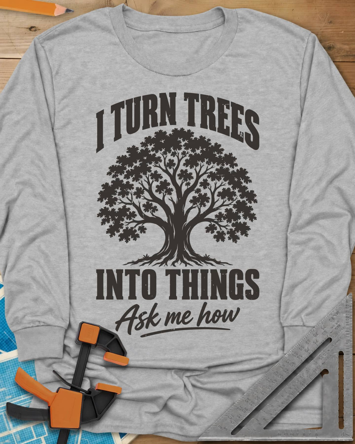 Tree Things long sleeve shirt in Sport Grey, a full-canopy tree between the lines of the slogan
