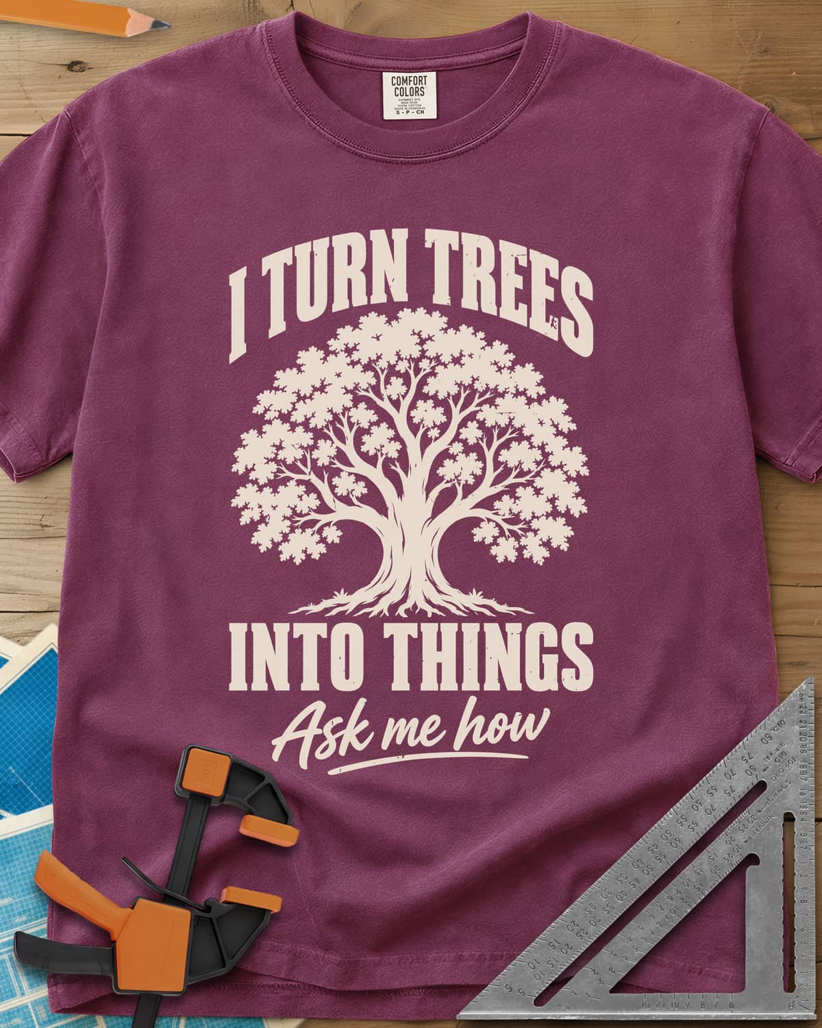 Tree Things heavyweight tee in Berry, a full-canopy tree between the lines of the slogan