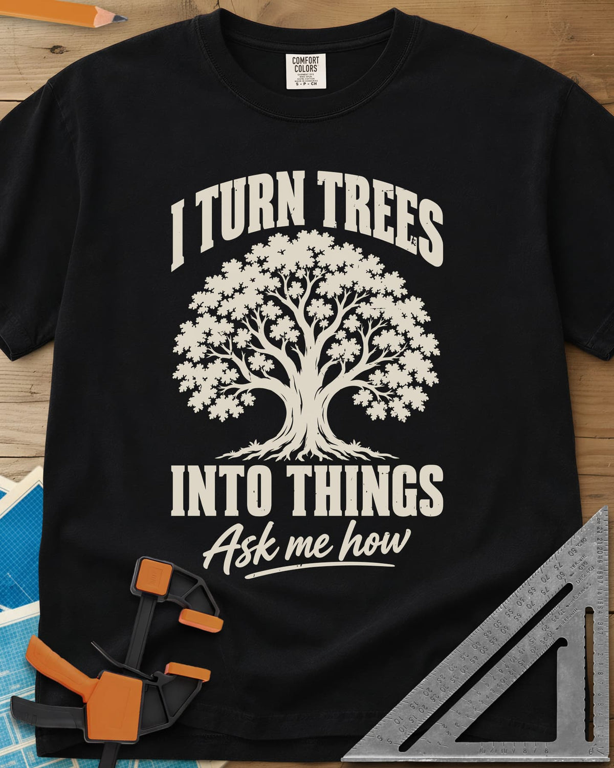 Tree Things heavyweight tee in Black, a full-canopy tree between the lines of the slogan
