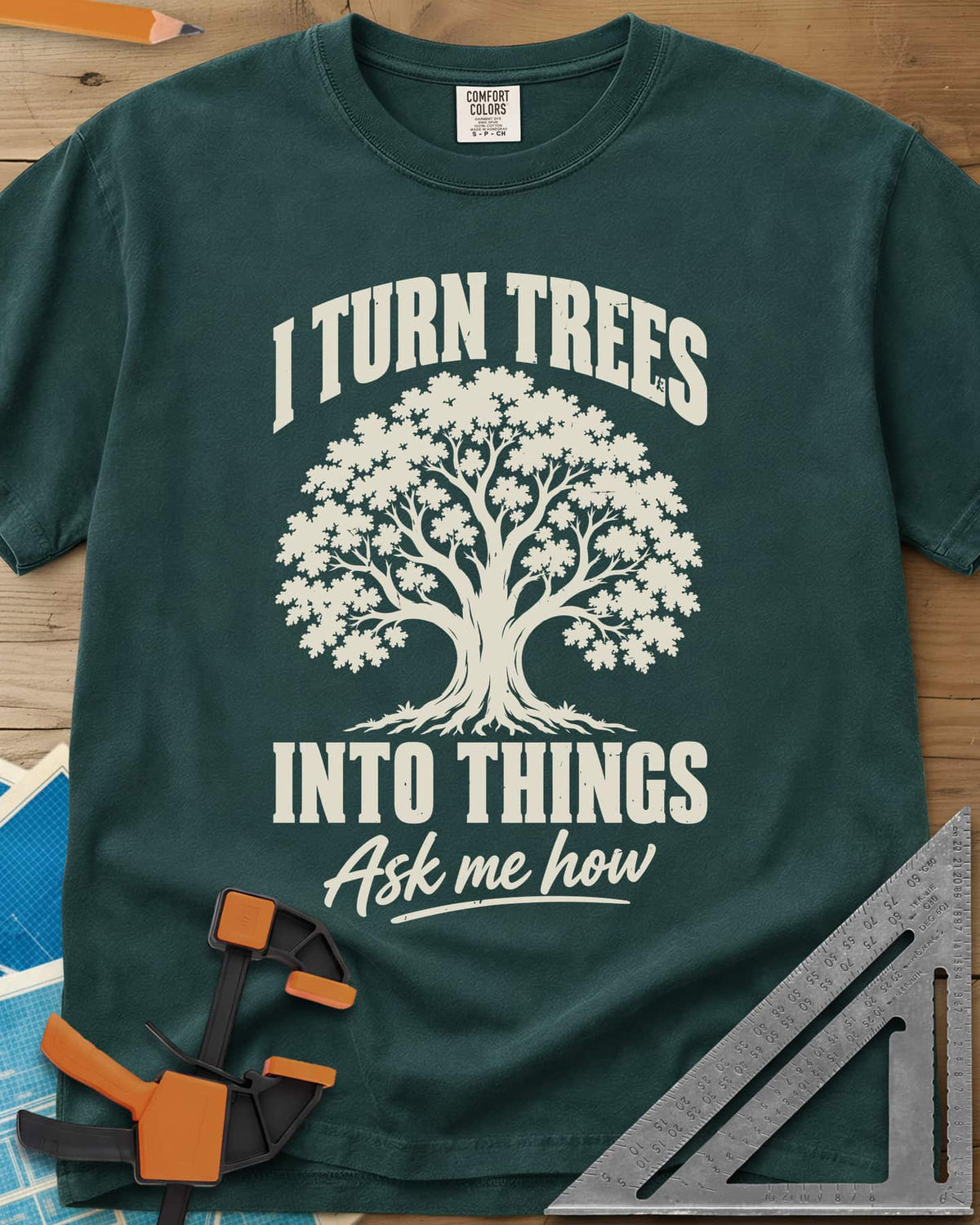 Tree Things heavyweight tee in Blue Spruce, a full-canopy tree between the lines of the slogan