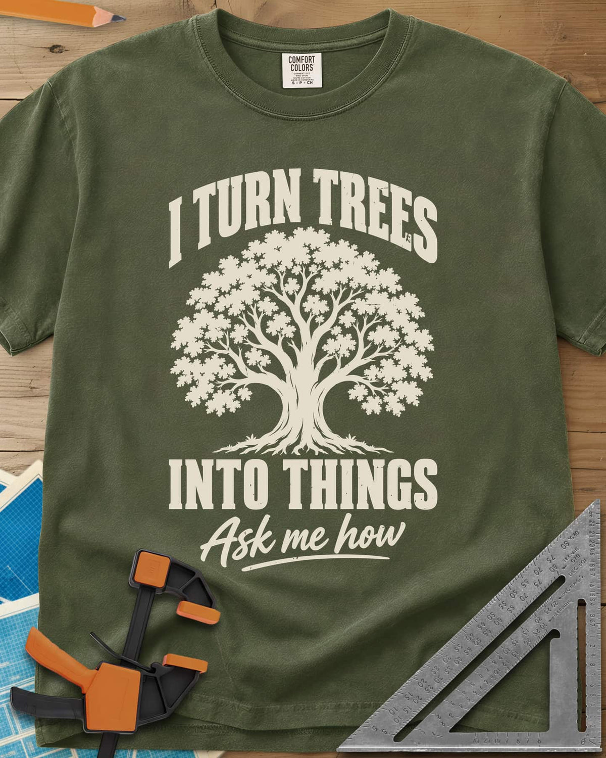 Tree Things heavyweight tee in Hemp, a full-canopy tree between the lines of the slogan