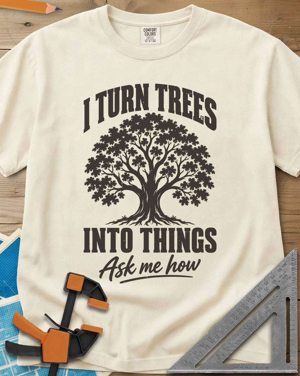 Tree Things heavyweight tee in Ivory, a full-canopy tree between the lines of the slogan