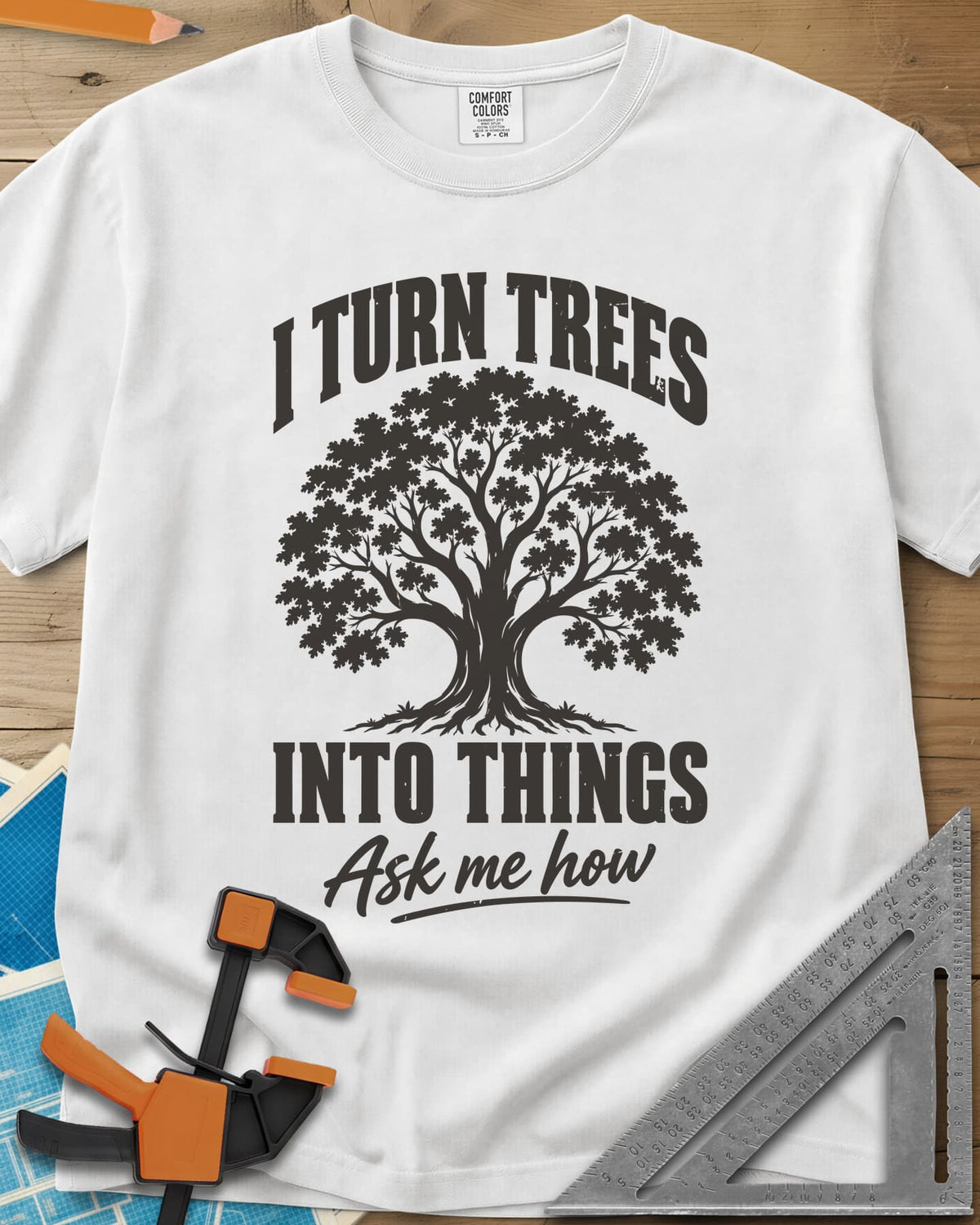 Tree Things heavyweight tee in White, a full-canopy tree between the lines of the slogan