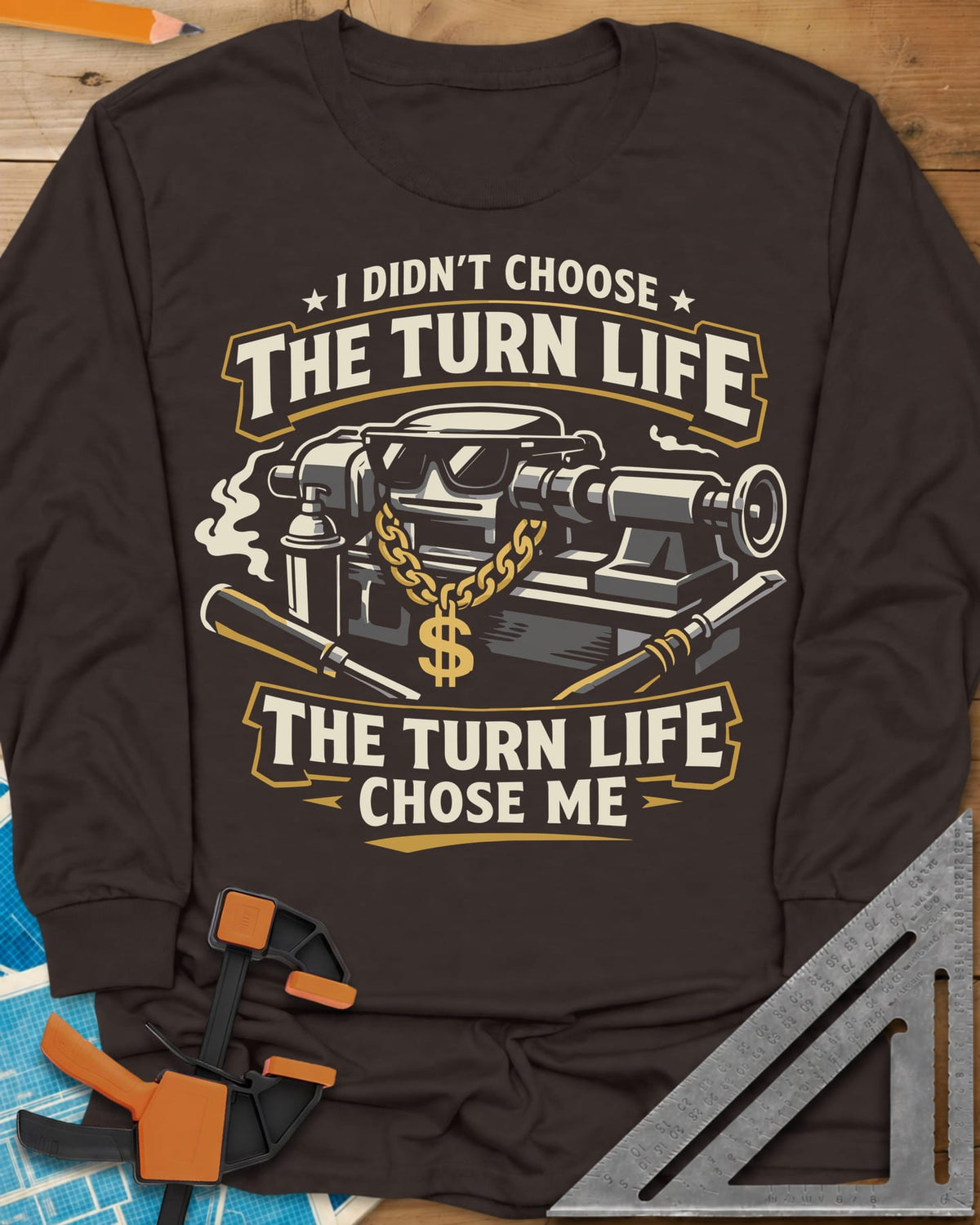 Turn Life long sleeve shirt in Dark Chocolate, a lathe in sunglasses and a gold dollar-sign chain with gouges