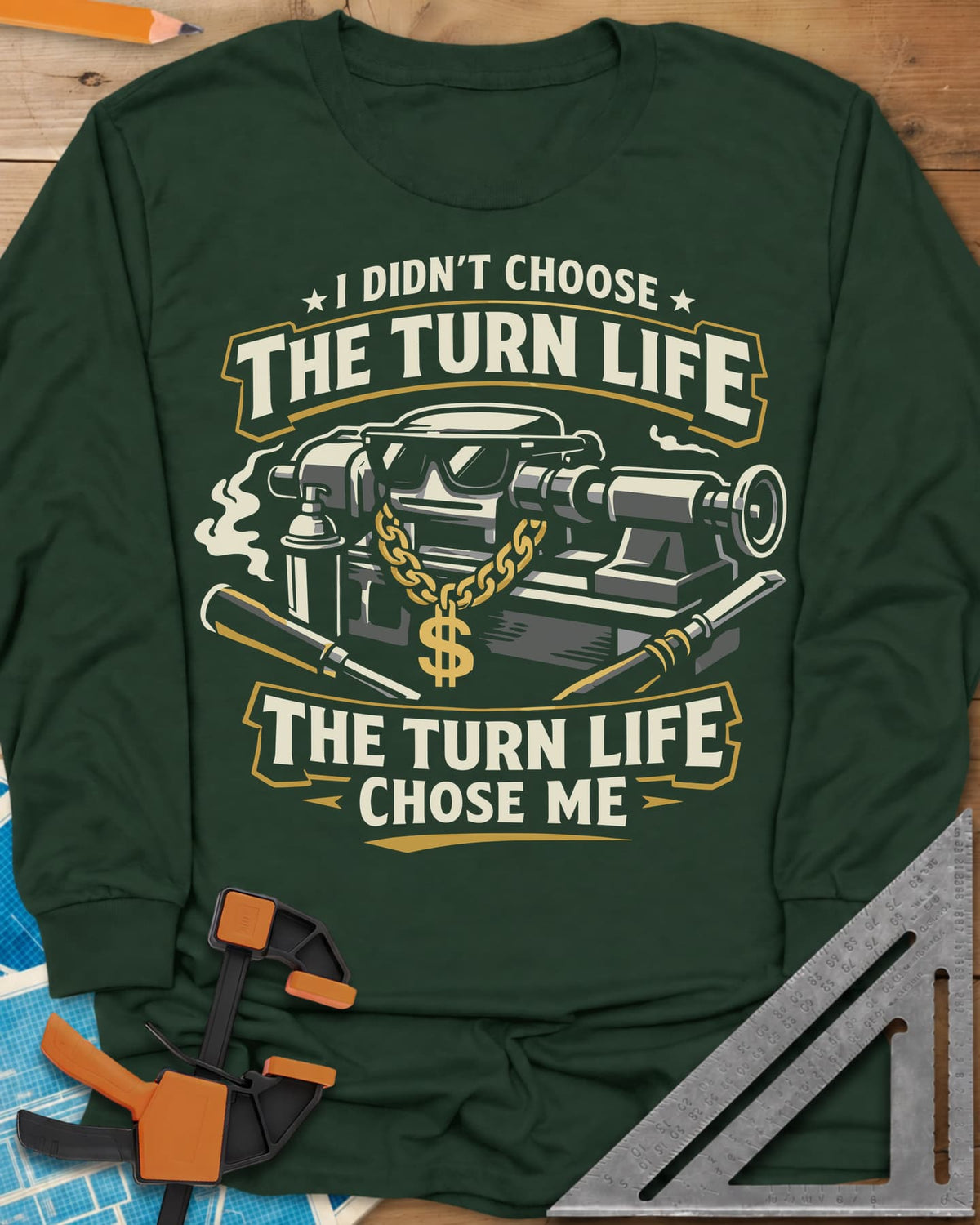 Turn Life long sleeve shirt in Forest Green, a lathe in sunglasses and a gold dollar-sign chain with gouges