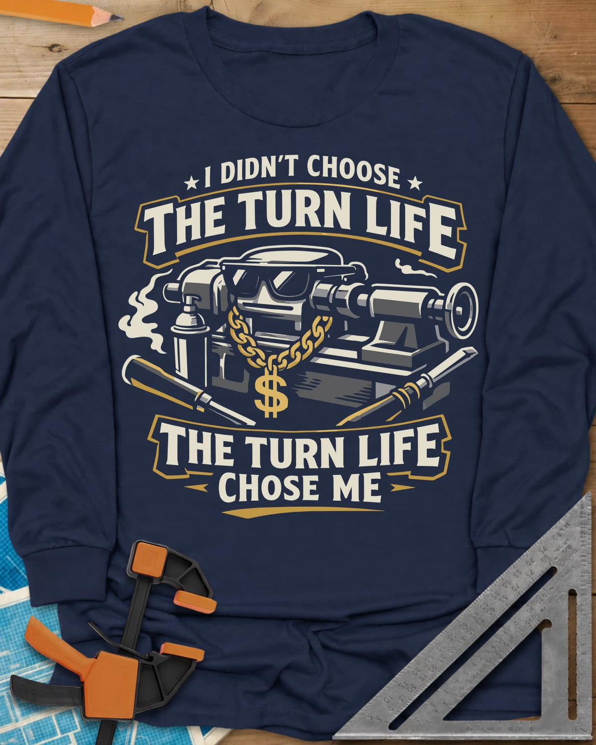 Turn Life long sleeve shirt in Navy, a lathe in sunglasses and a gold dollar-sign chain with gouges