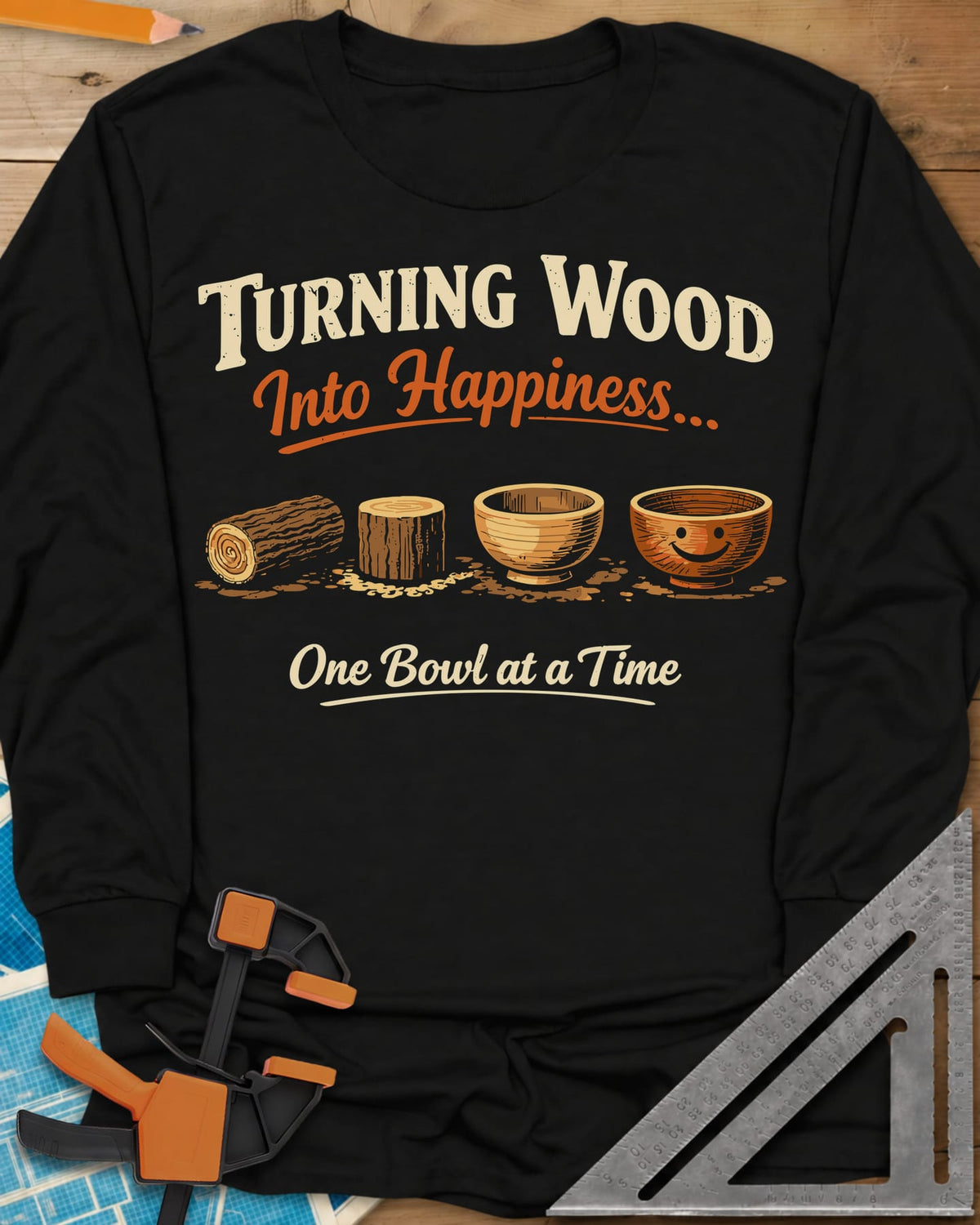 Turning Happiness long sleeve shirt in Black, a log, a stump, a plain bowl and a bowl with a smiley face