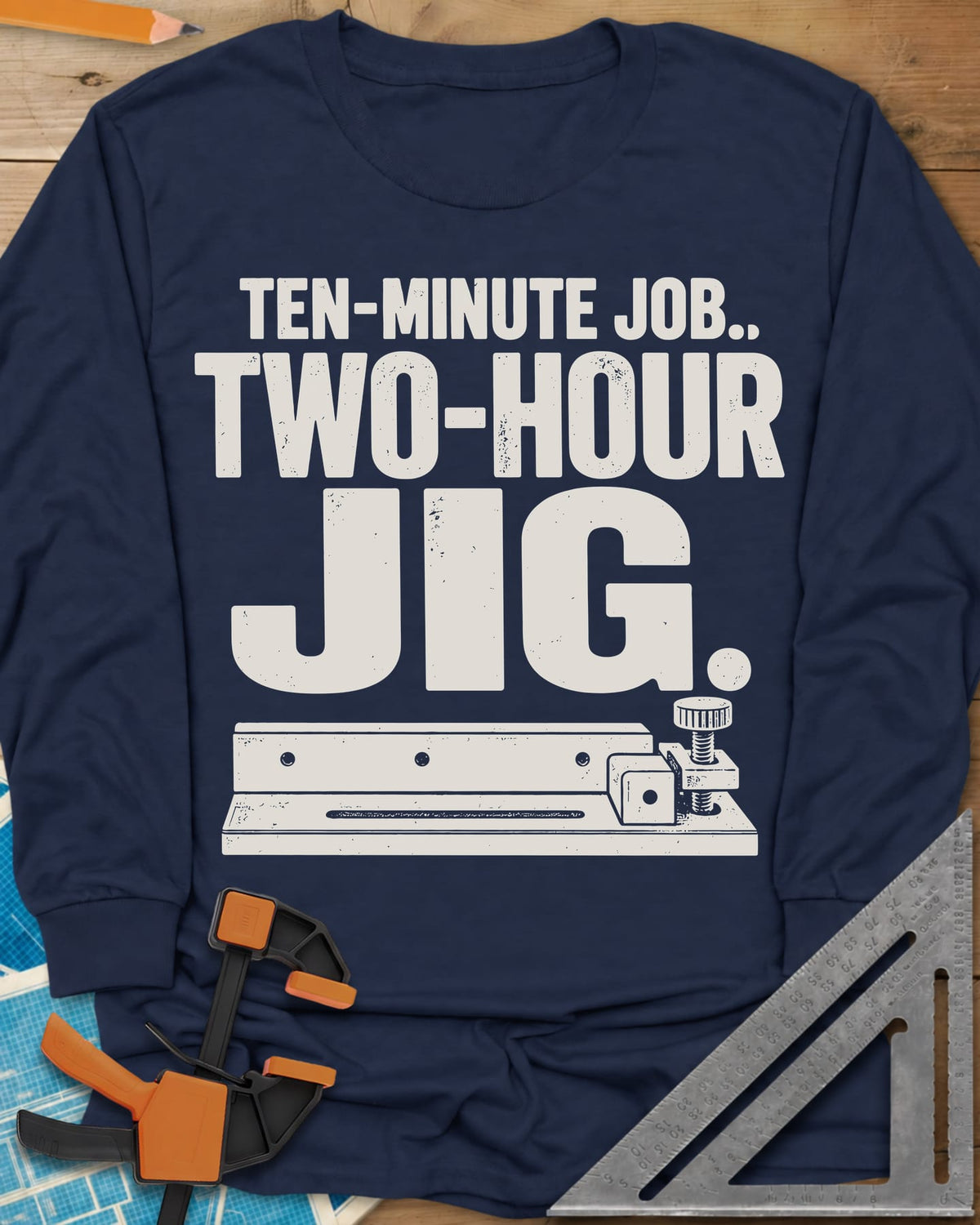 Two-Hour Jig long sleeve shirt in Navy, a slotted rail jig with a stop block and knob screw