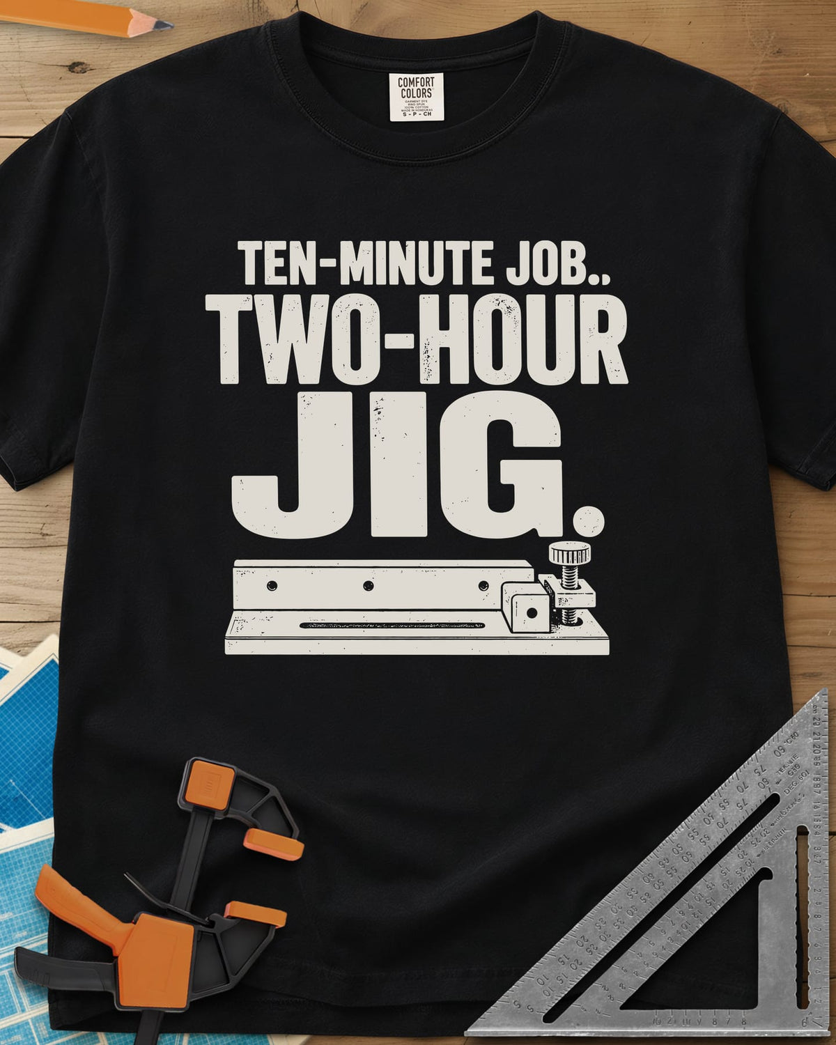 Two-Hour Jig heavyweight tee in Black, a slotted rail jig with a stop block and knob screw