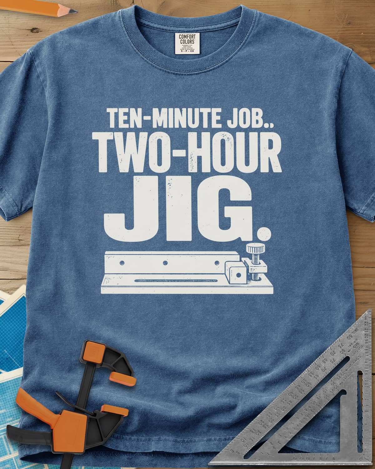 Two-Hour Jig heavyweight tee in Blue Jean, a slotted rail jig with a stop block and knob screw
