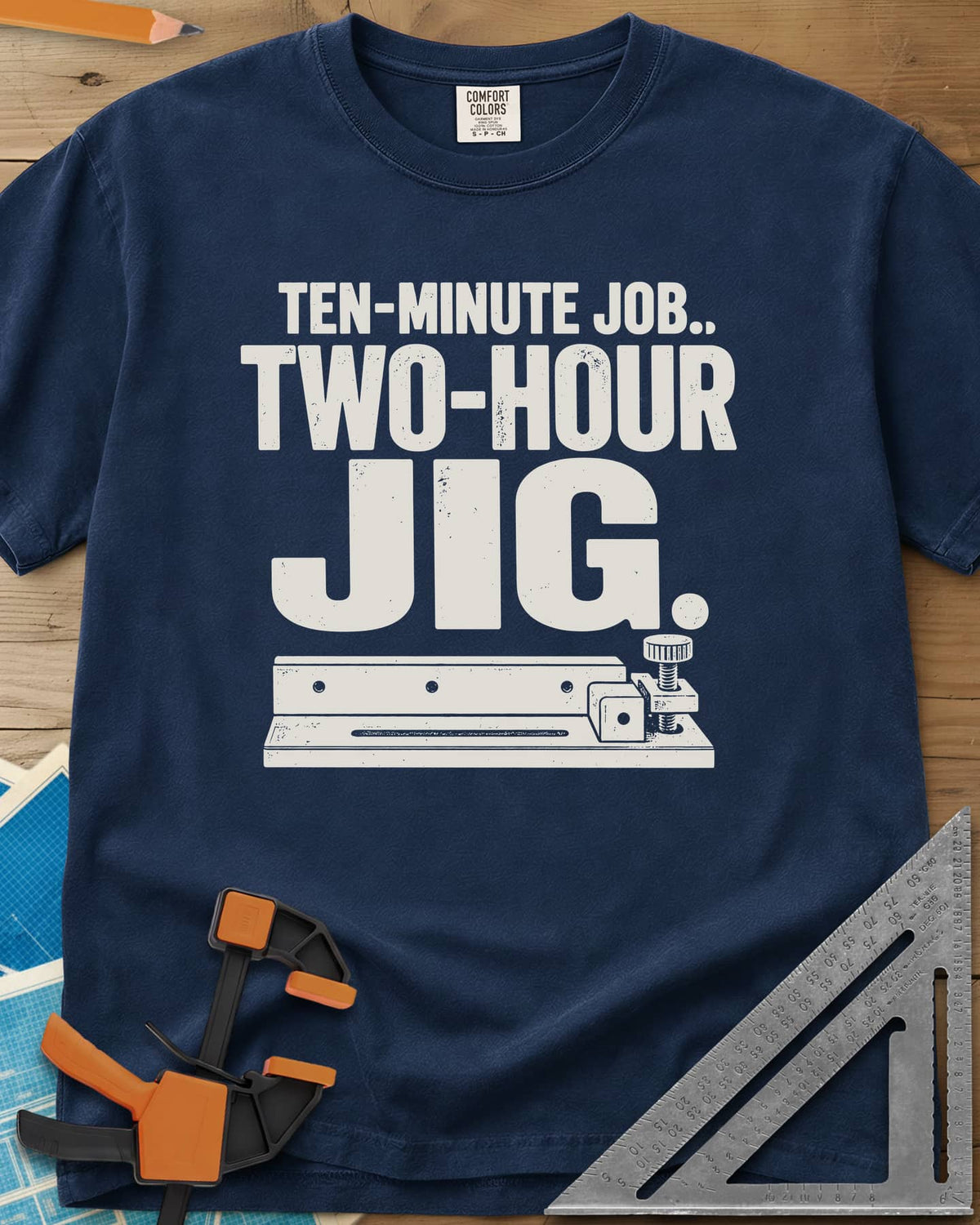 Two-Hour Jig heavyweight tee in Navy, a slotted rail jig with a stop block and knob screw