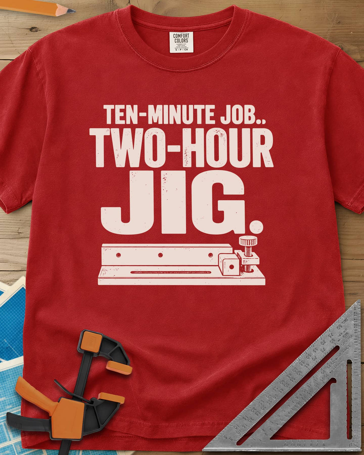 Two-Hour Jig heavyweight tee in Red, a slotted rail jig with a stop block and knob screw