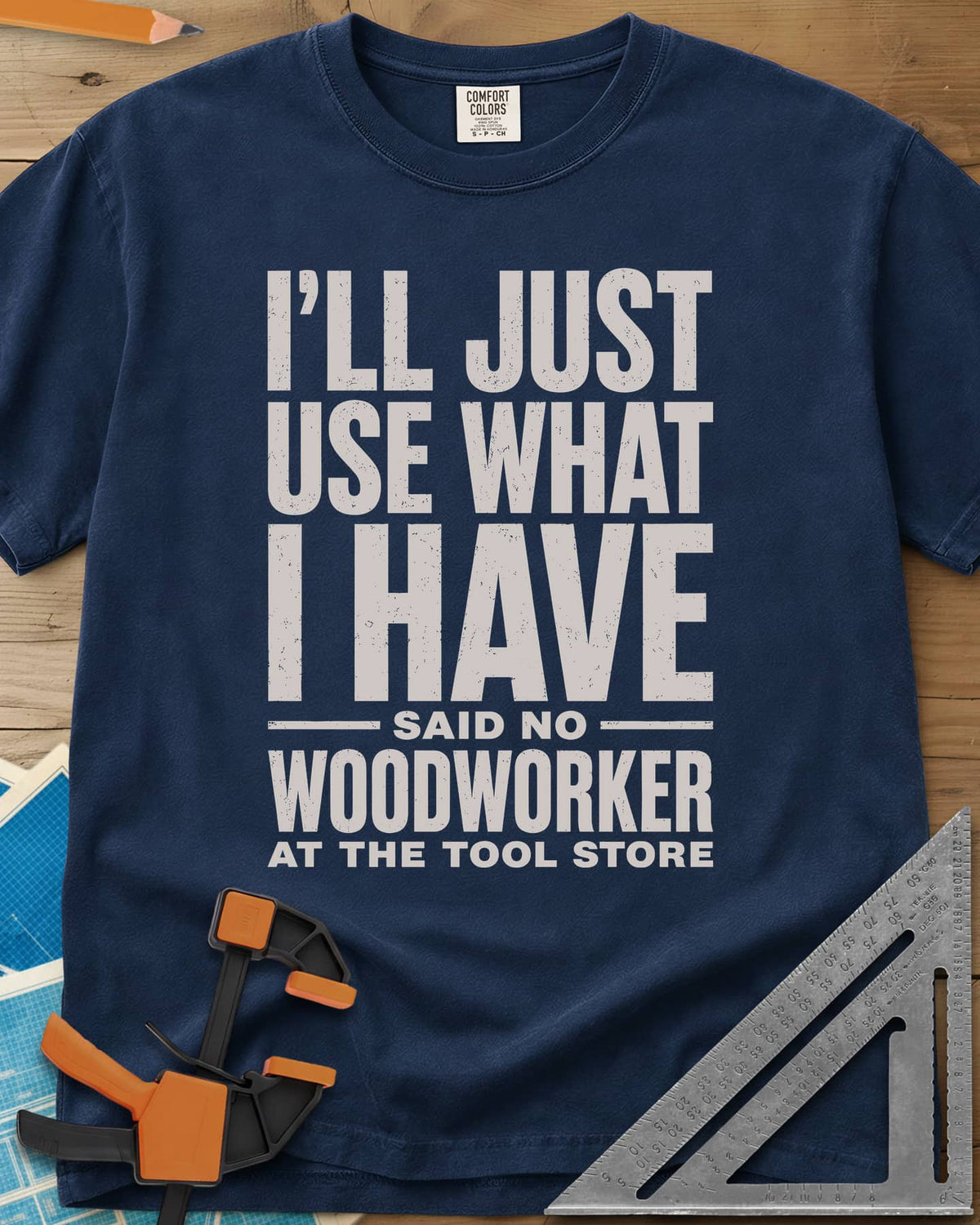 Use What I Have heavyweight tee in Navy, stacked bold lettering with a worn, distressed texture