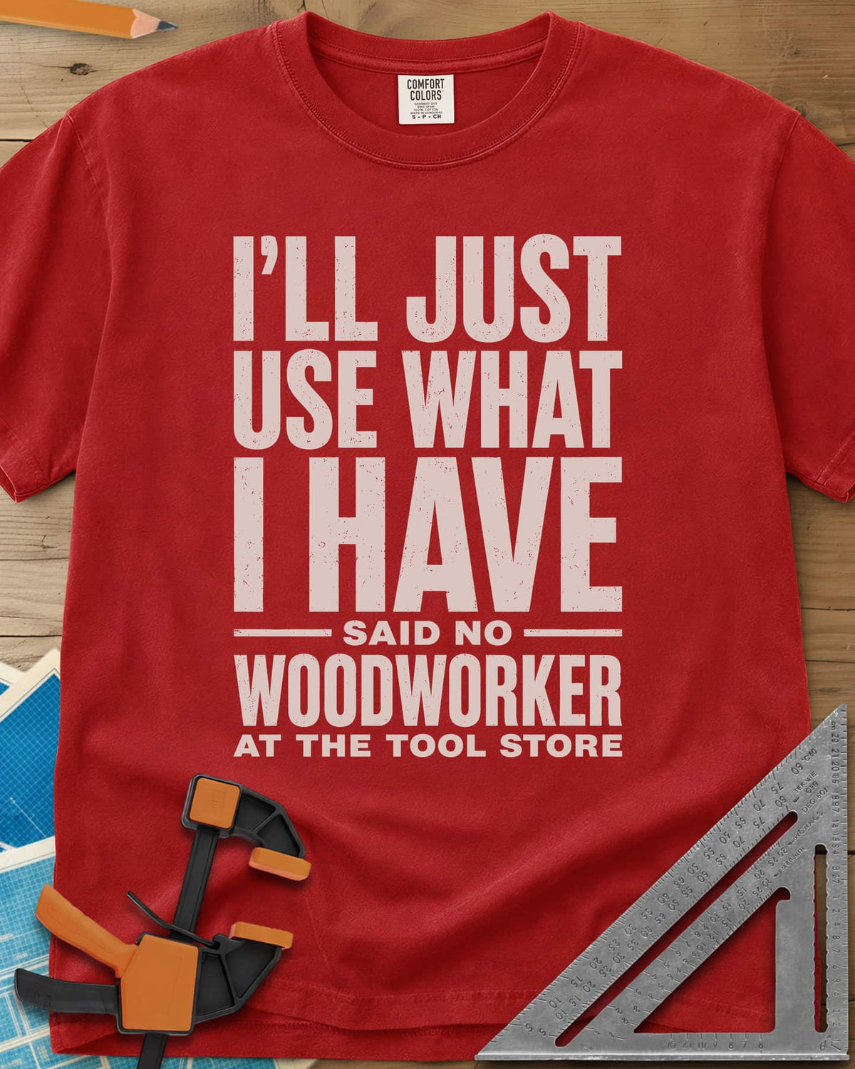 Use What I Have heavyweight tee in Red, stacked bold lettering with a worn, distressed texture