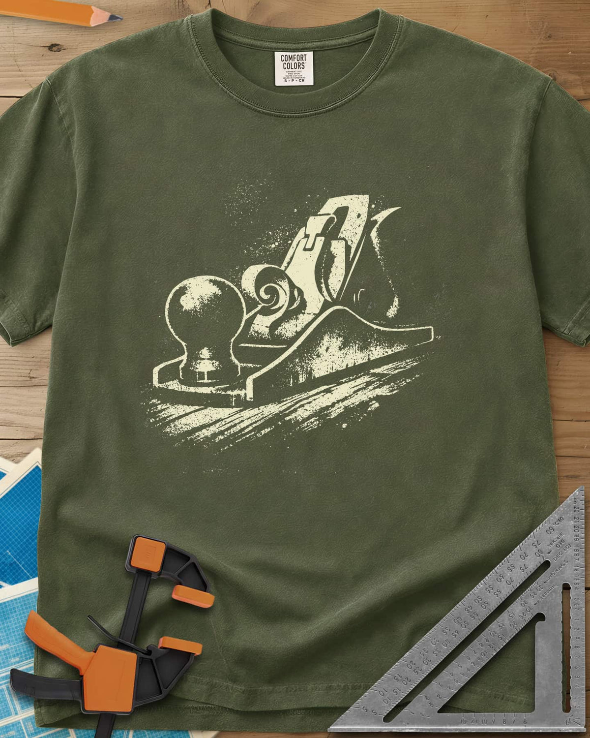 Vintage Hand Plane heavyweight tee in Hemp, a speckled hand plane with a shaving curl on grained wood