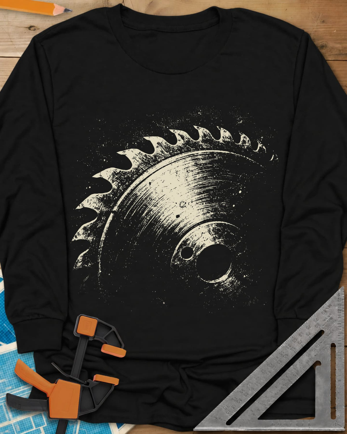 Vintage Saw Blade long sleeve shirt in Black, a worn, speckled circular saw blade