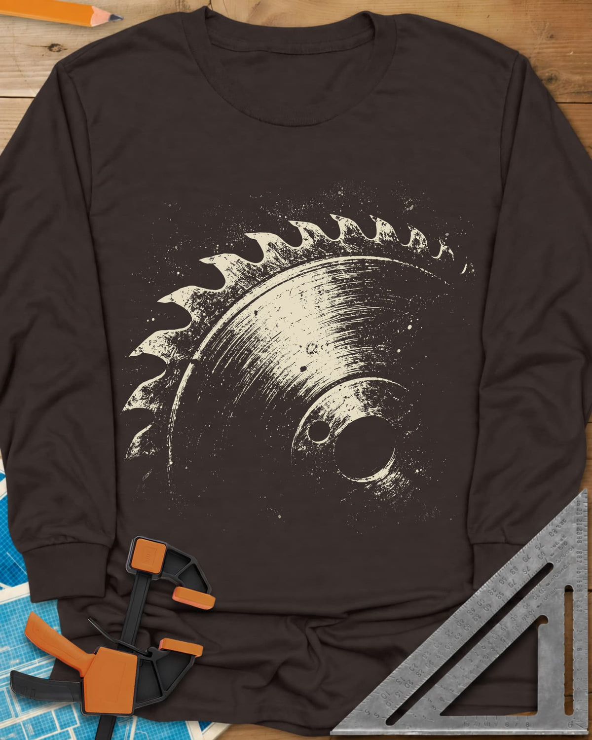 Vintage Saw Blade long sleeve shirt in Dark Chocolate, a worn, speckled circular saw blade