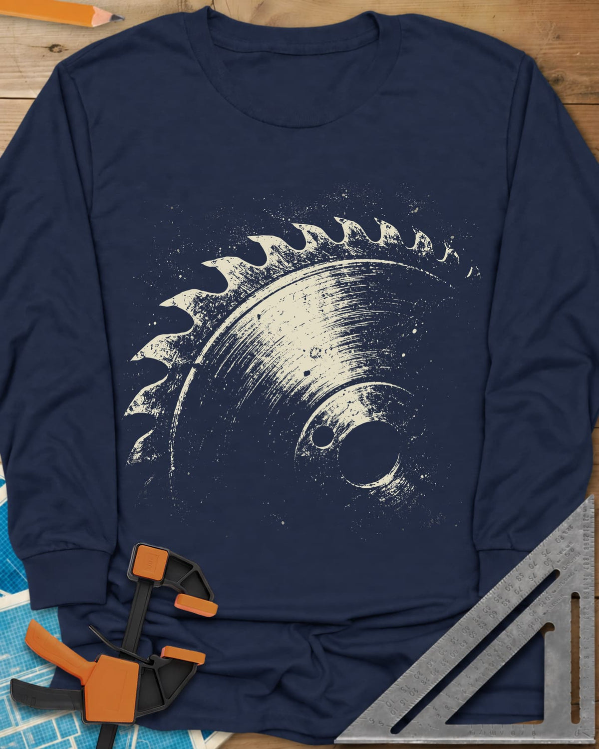 Vintage Saw Blade long sleeve shirt in Navy, a worn, speckled circular saw blade