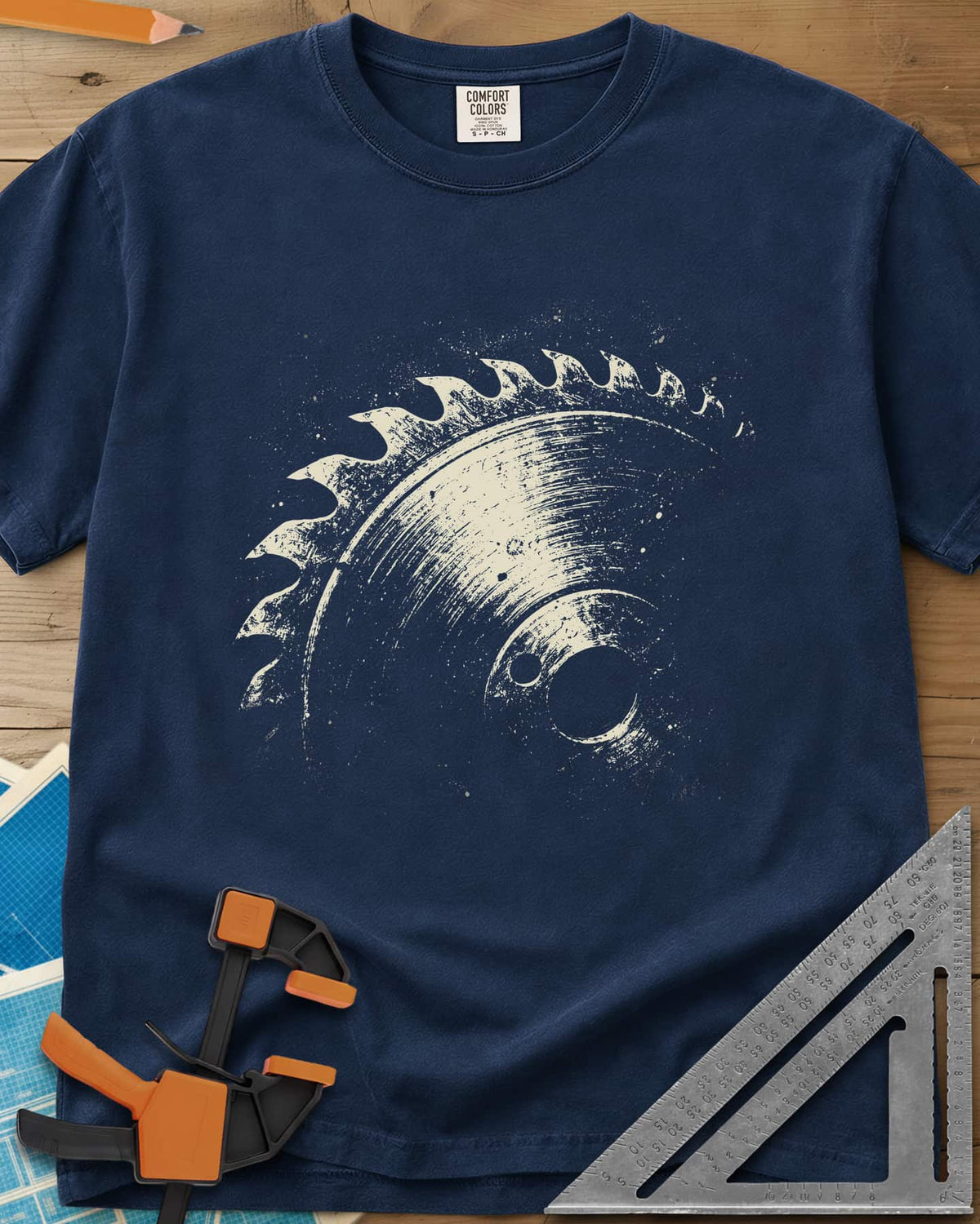 Vintage Saw Blade heavyweight tee in Navy, a worn, speckled circular saw blade