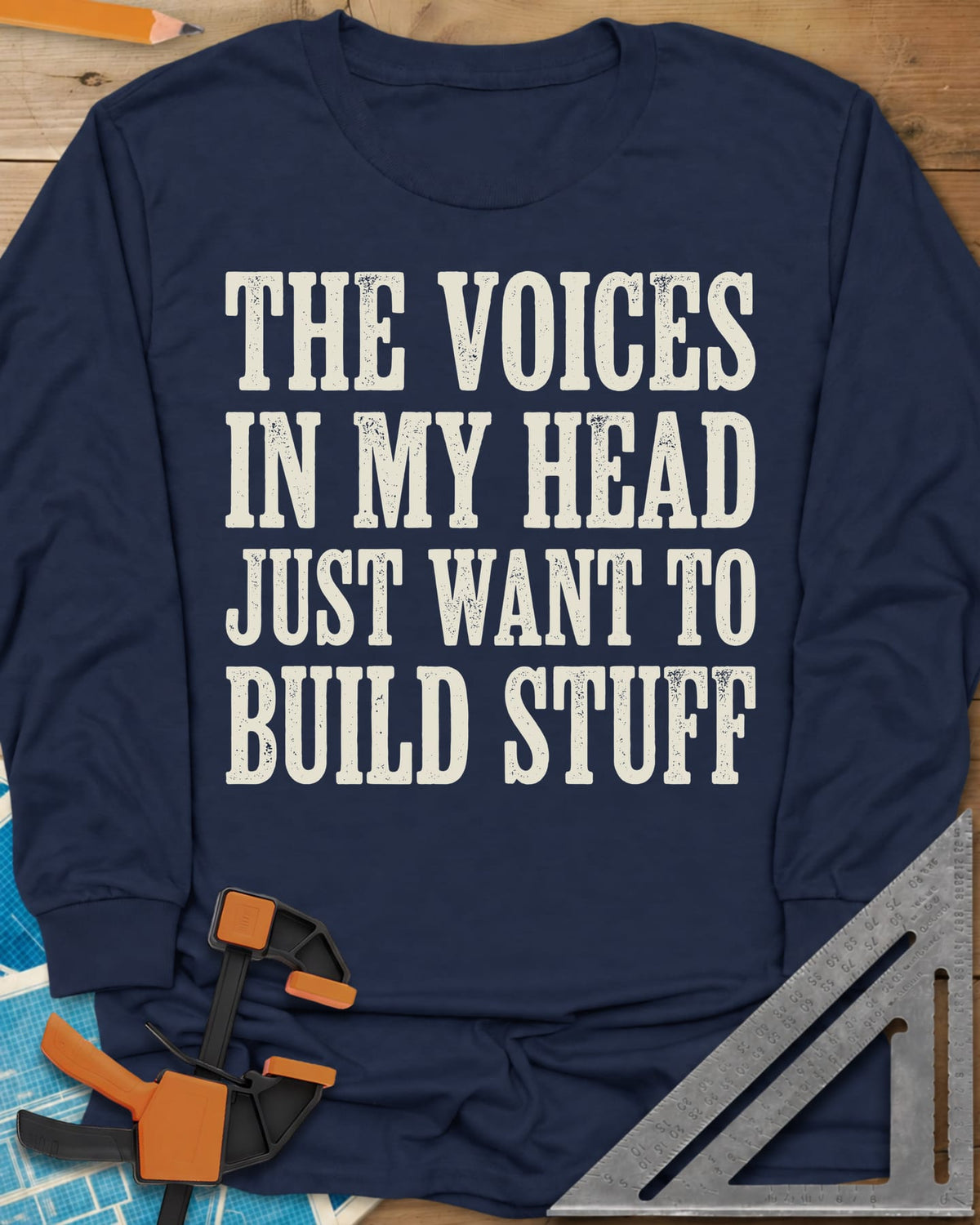 Voices In My Head Woodworker long sleeve shirt in Navy, four lines of big worn slab-serif letters, no graphic